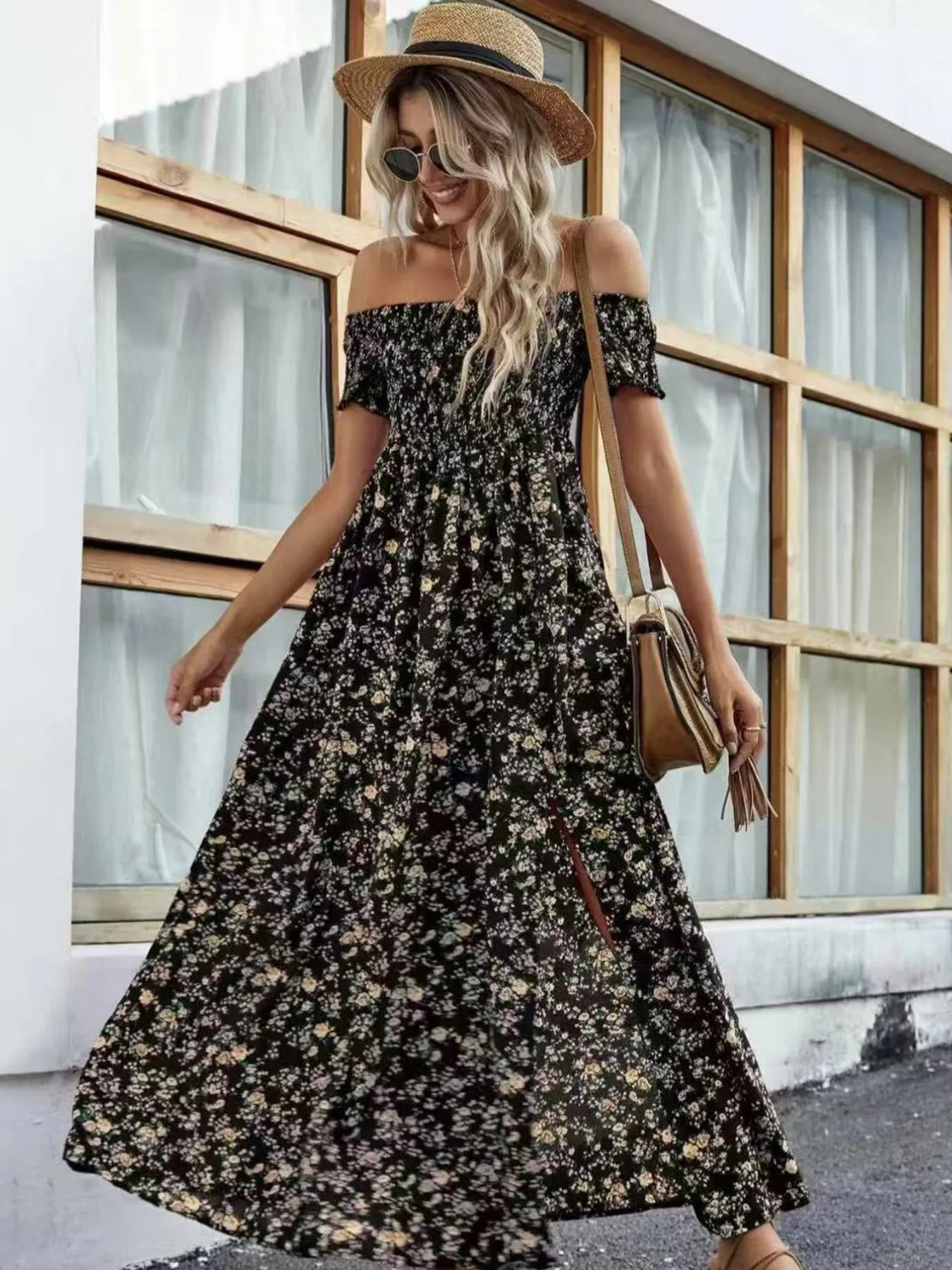 Full Size Slit Off - Shoulder Floral Midi Dress Plus Size