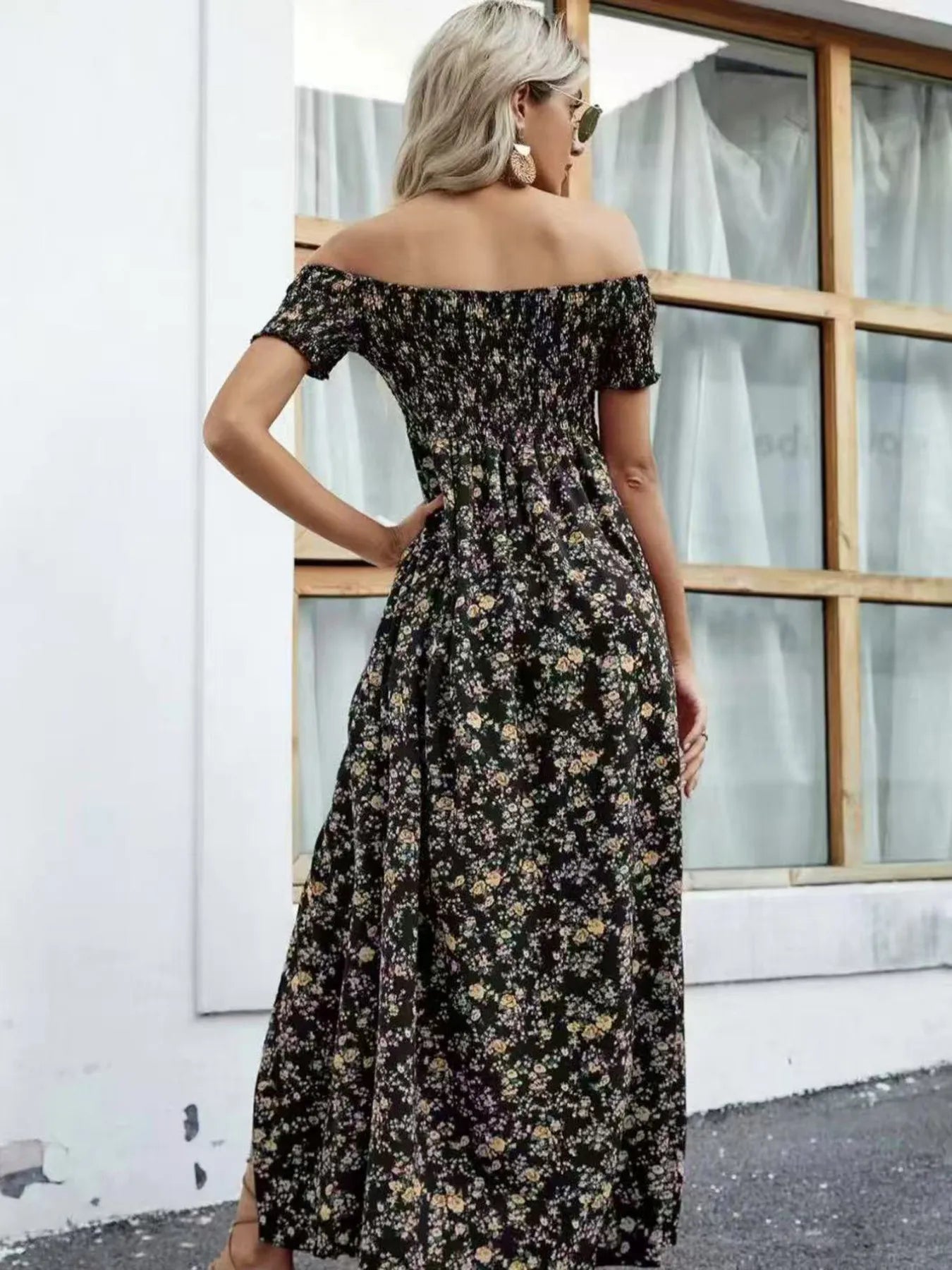Full Size Slit Off - Shoulder Floral Midi Dress Plus Size