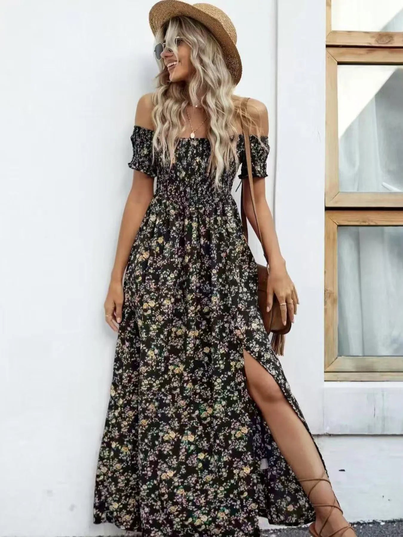 Full Size Slit Off - Shoulder Floral Midi Dress Plus Size