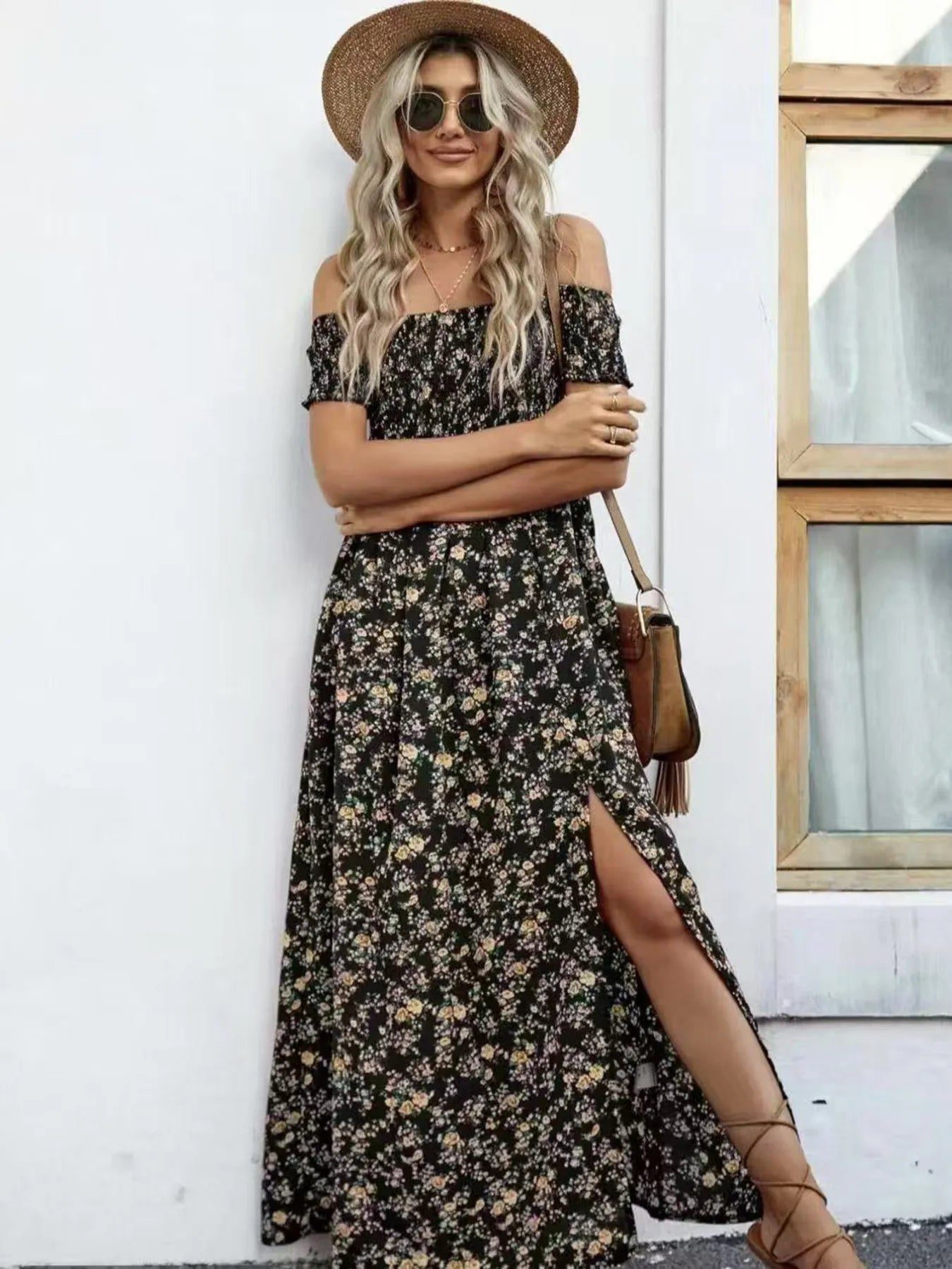 Full Size Slit Off - Shoulder Floral Midi Dress Plus Size