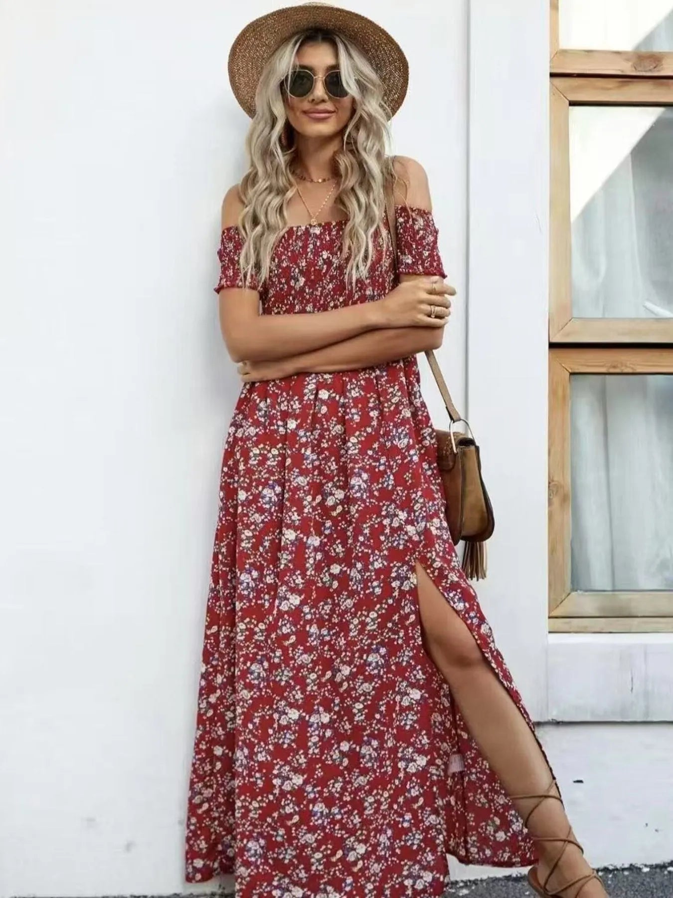 Full Size Slit Off - Shoulder Floral Midi Dress Plus Size
