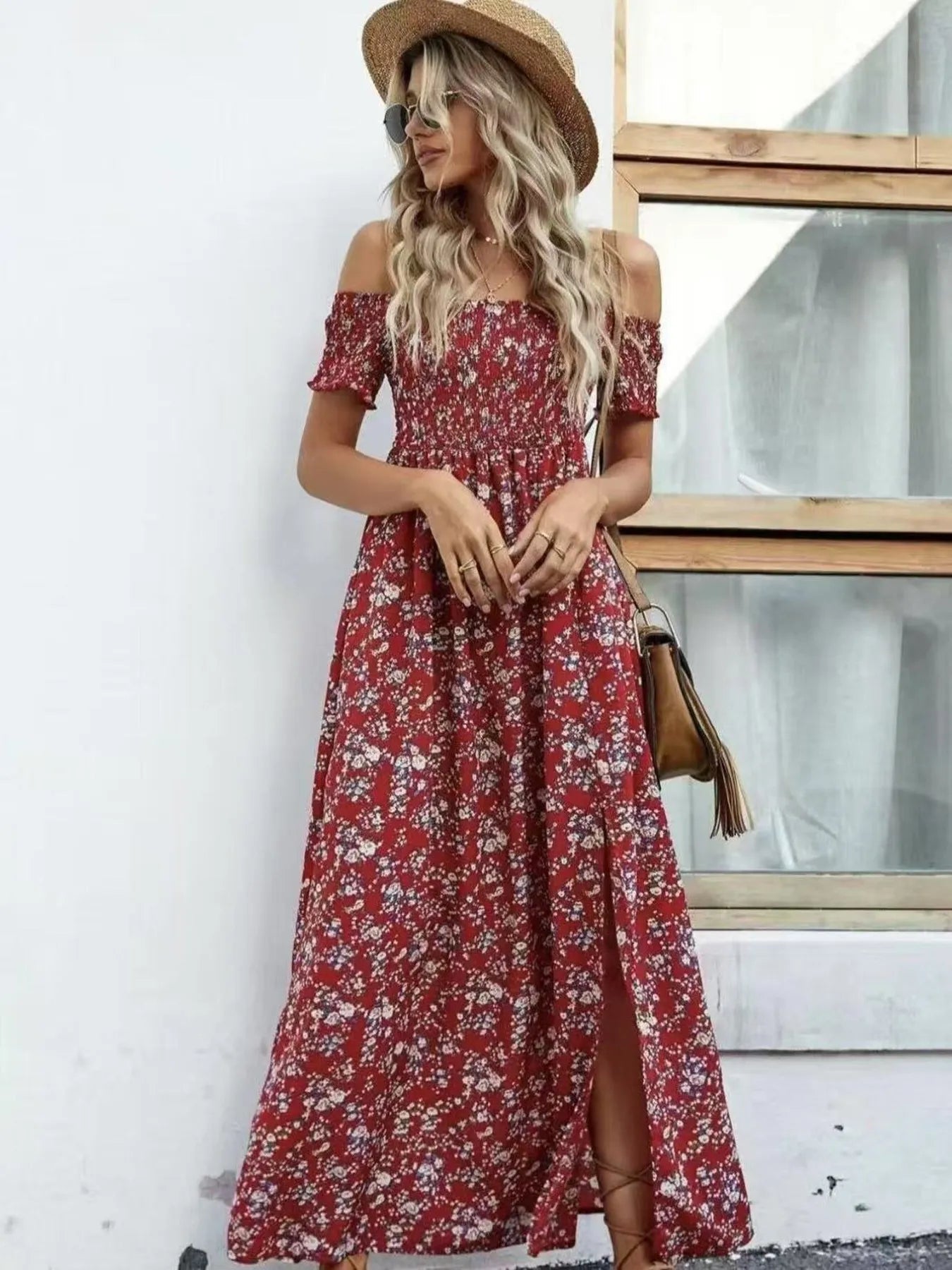 Full Size Slit Off - Shoulder Floral Midi Dress Plus Size