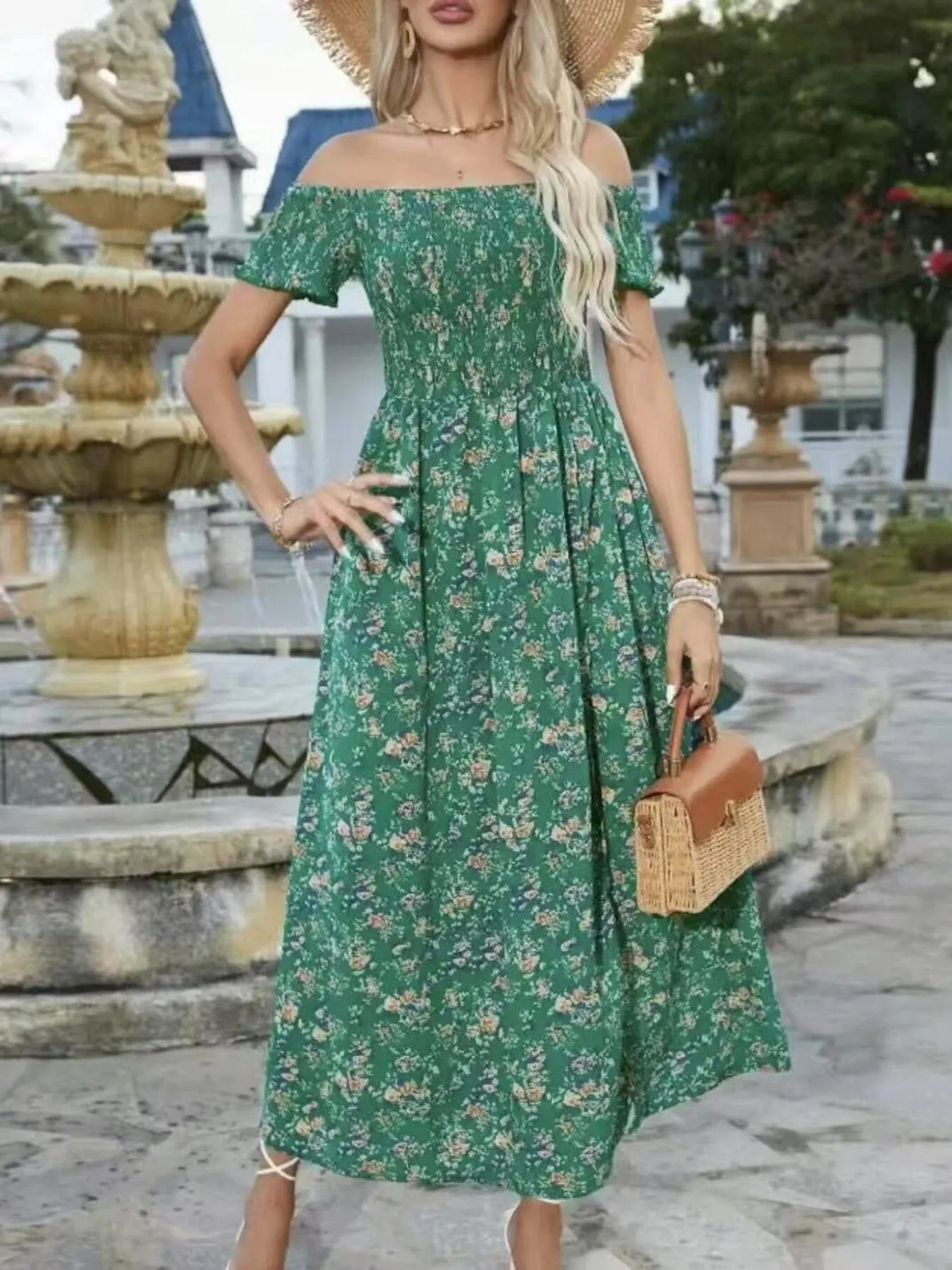 Full Size Slit Off - Shoulder Floral Midi Dress Plus Size