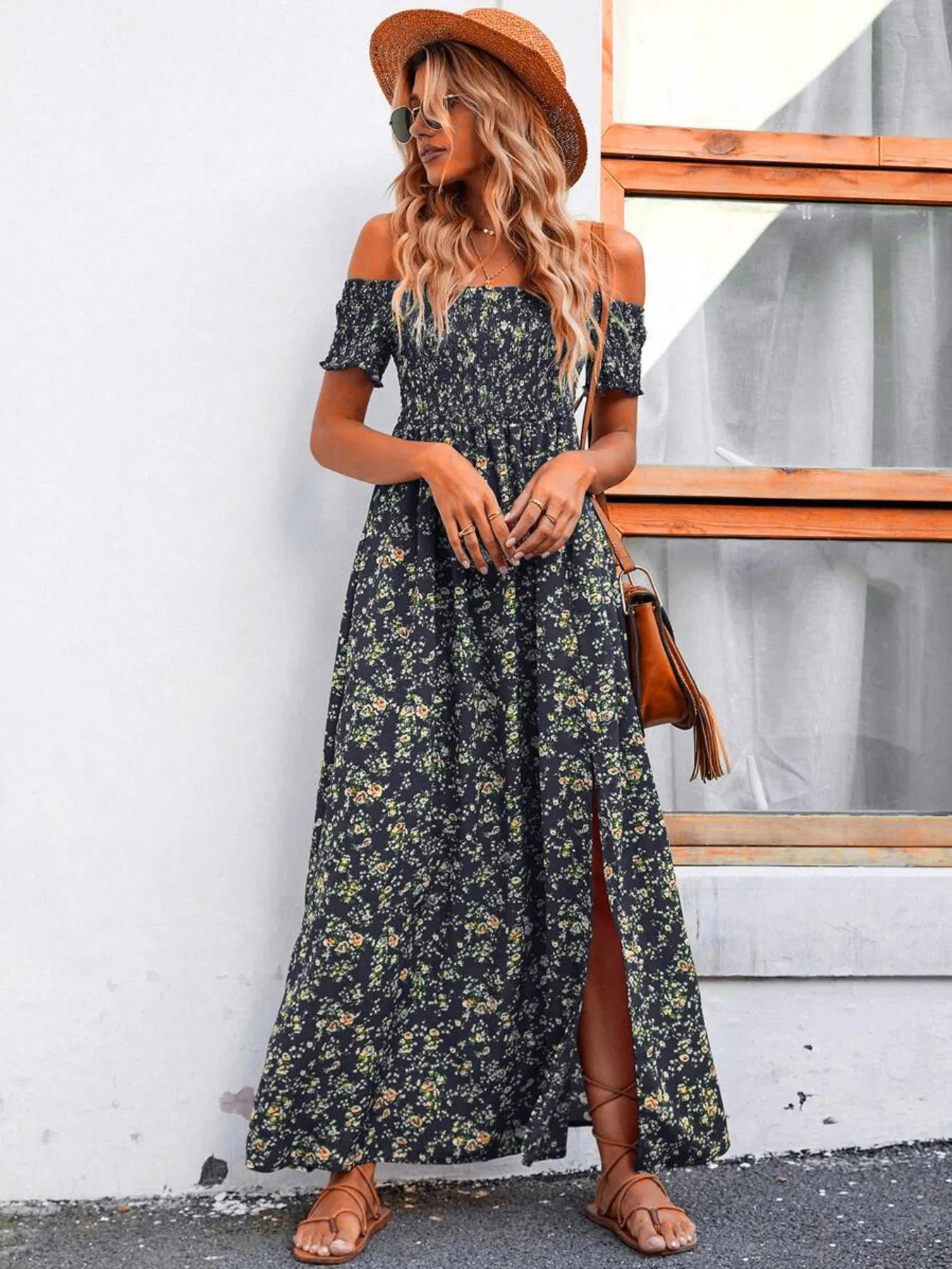 Full Size Slit Off - Shoulder Floral Midi Dress Plus Size