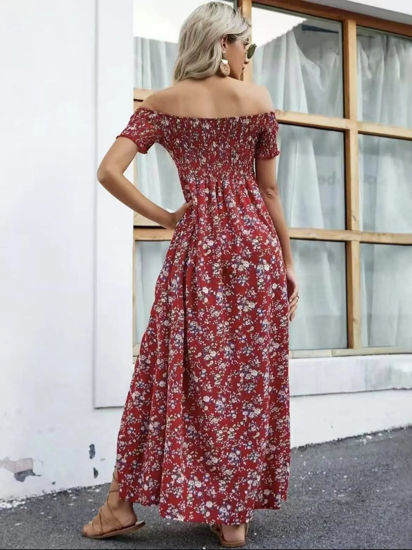 Full Size Slit Off - Shoulder Floral Midi Dress Plus Size