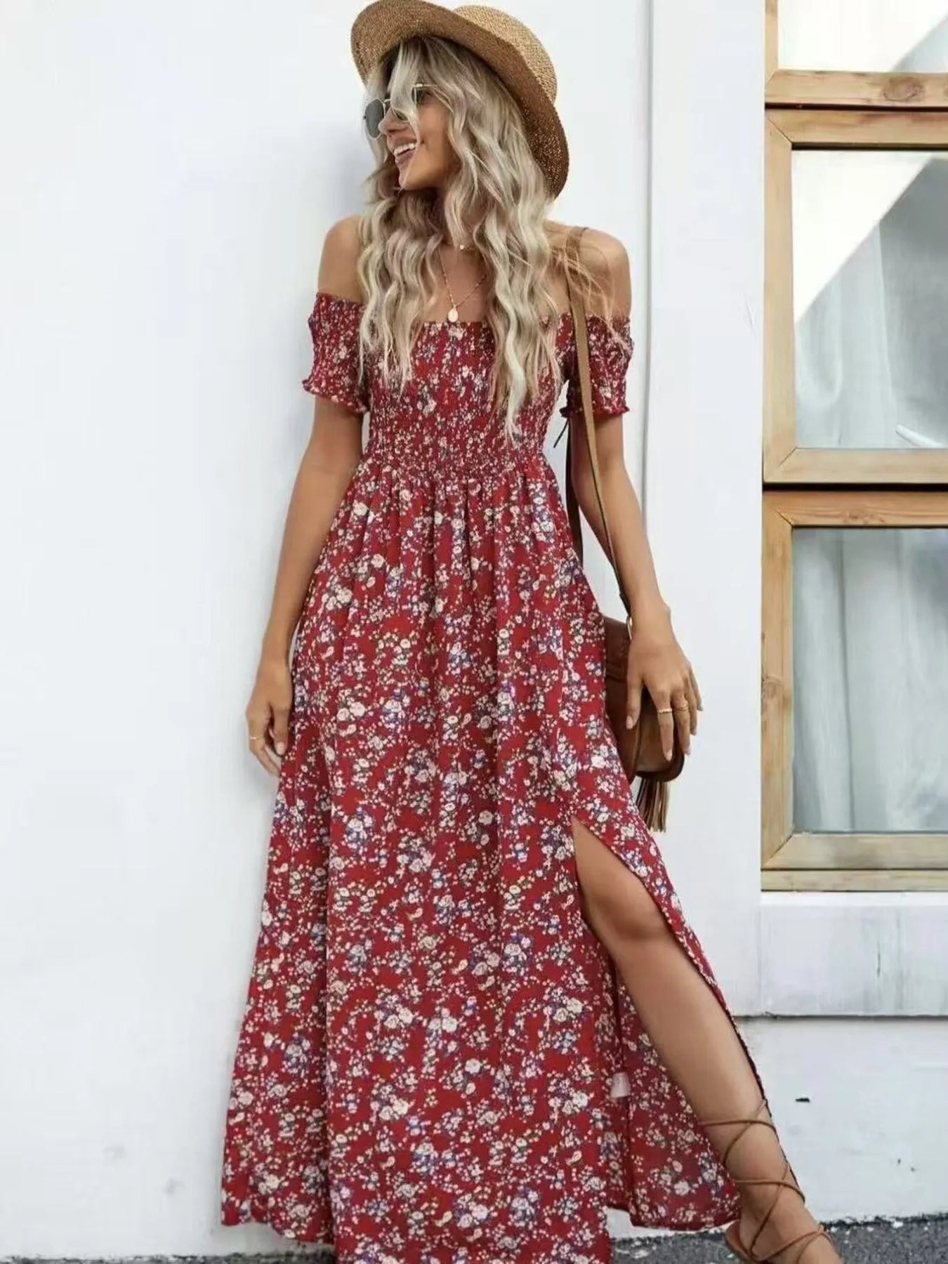 Full Size Slit Off - Shoulder Floral Midi Dress Plus Size