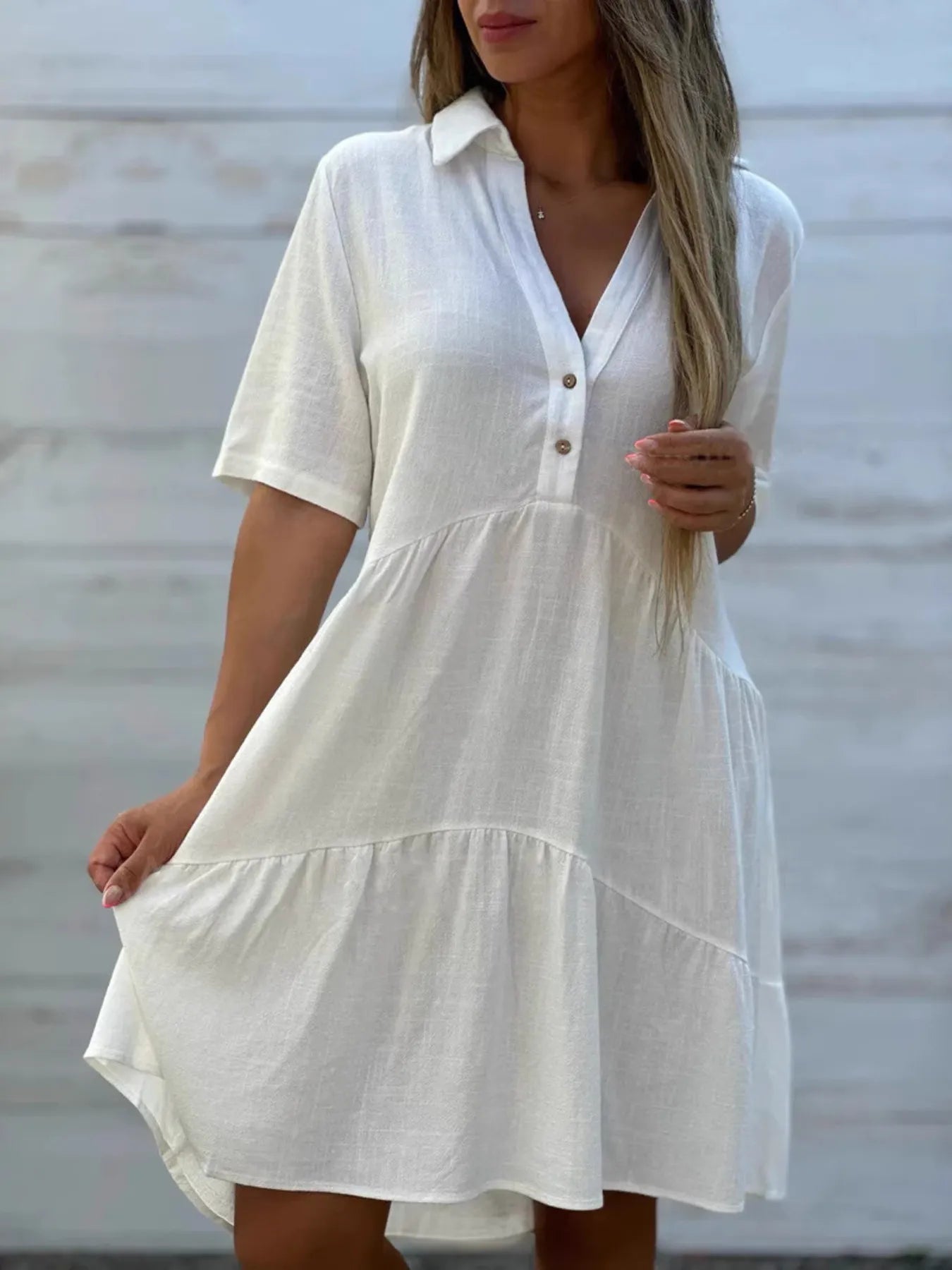 Full Size Tiered Button - Front Short Sleeve Dress Plus Size