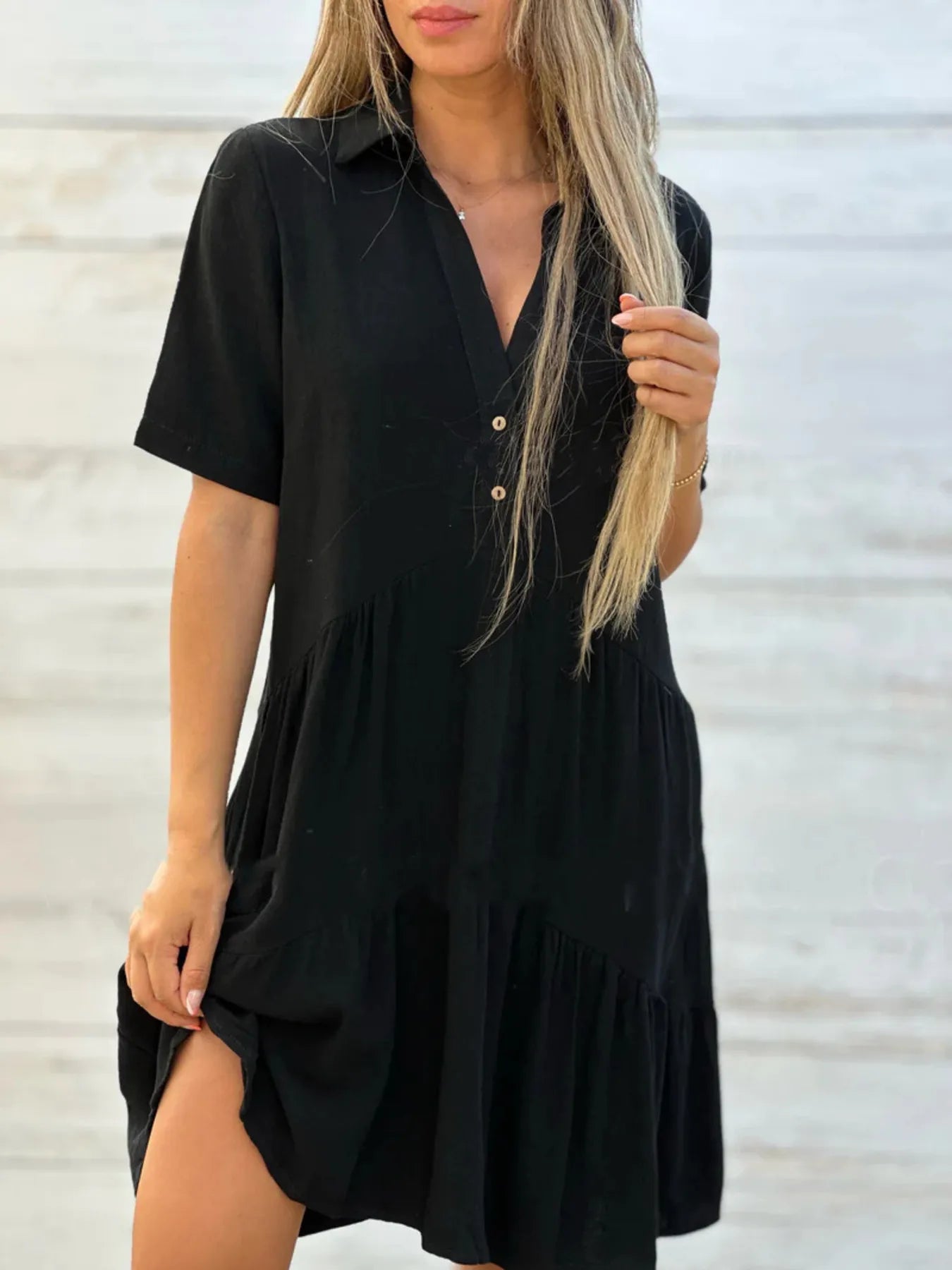 Full Size Tiered Button - Front Short Sleeve Dress Plus Size