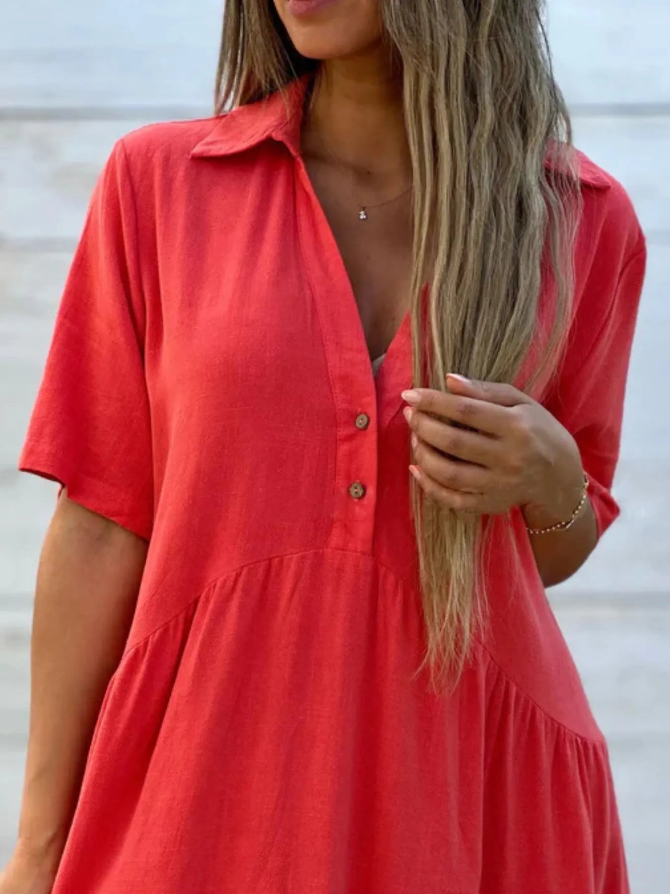 Full Size Tiered Button - Front Short Sleeve Dress Plus Size