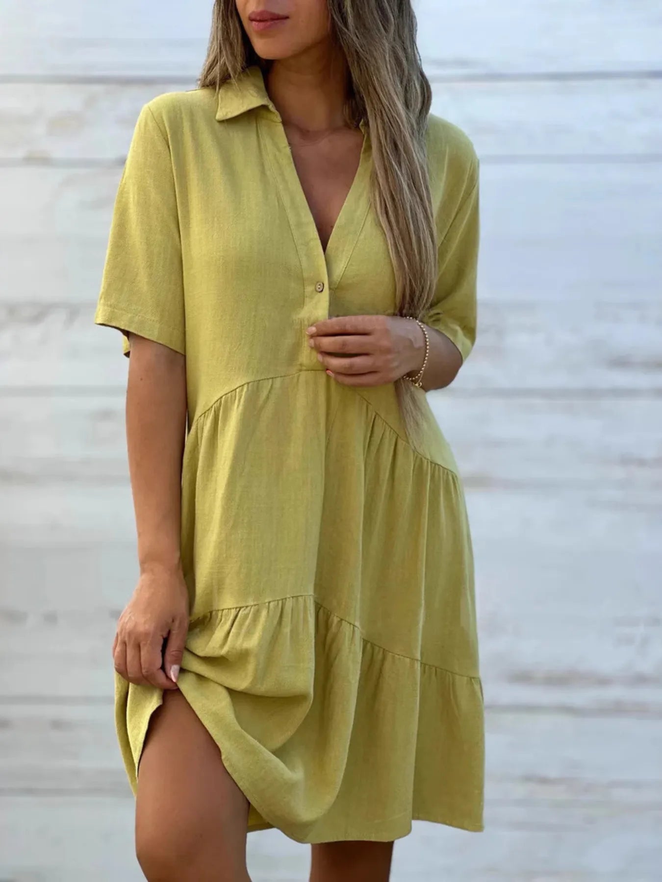 Full Size Tiered Button - Front Short Sleeve Dress Plus Size