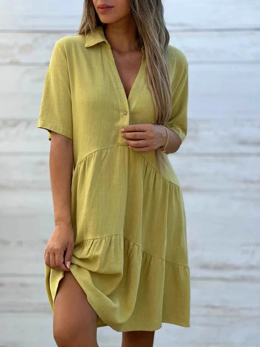 Full Size Tiered Button - Front Short Sleeve Dress Plus Size