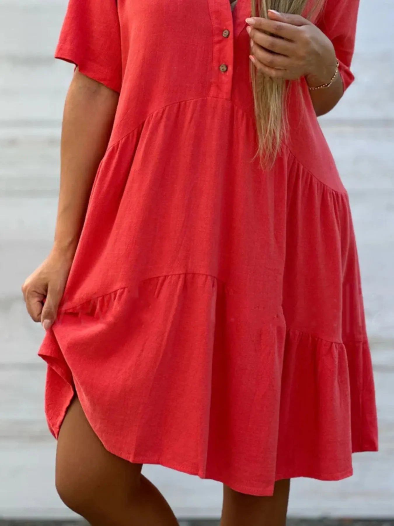 Full Size Tiered Button - Front Short Sleeve Dress Plus Size
