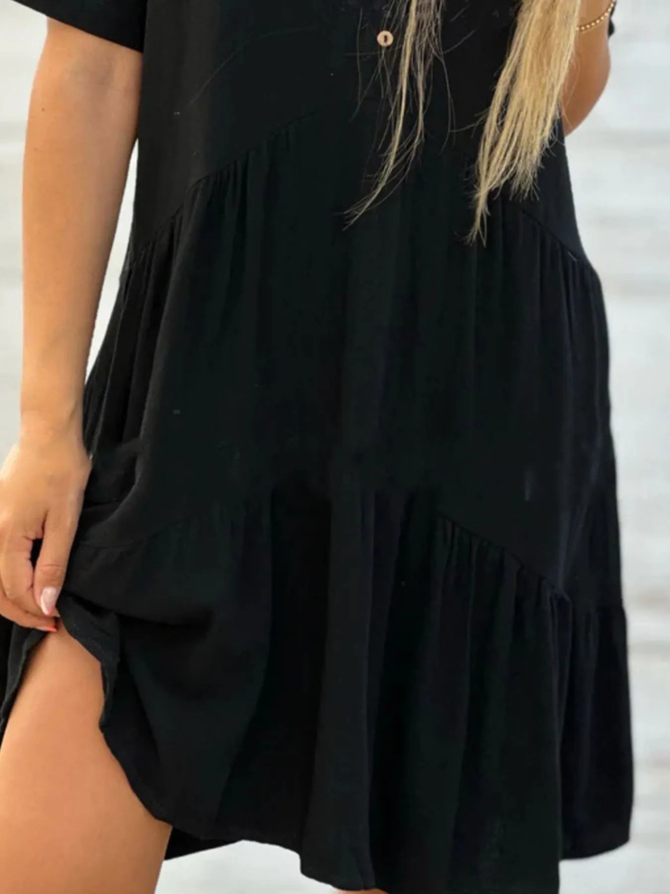 Full Size Tiered Button - Front Short Sleeve Dress Plus Size
