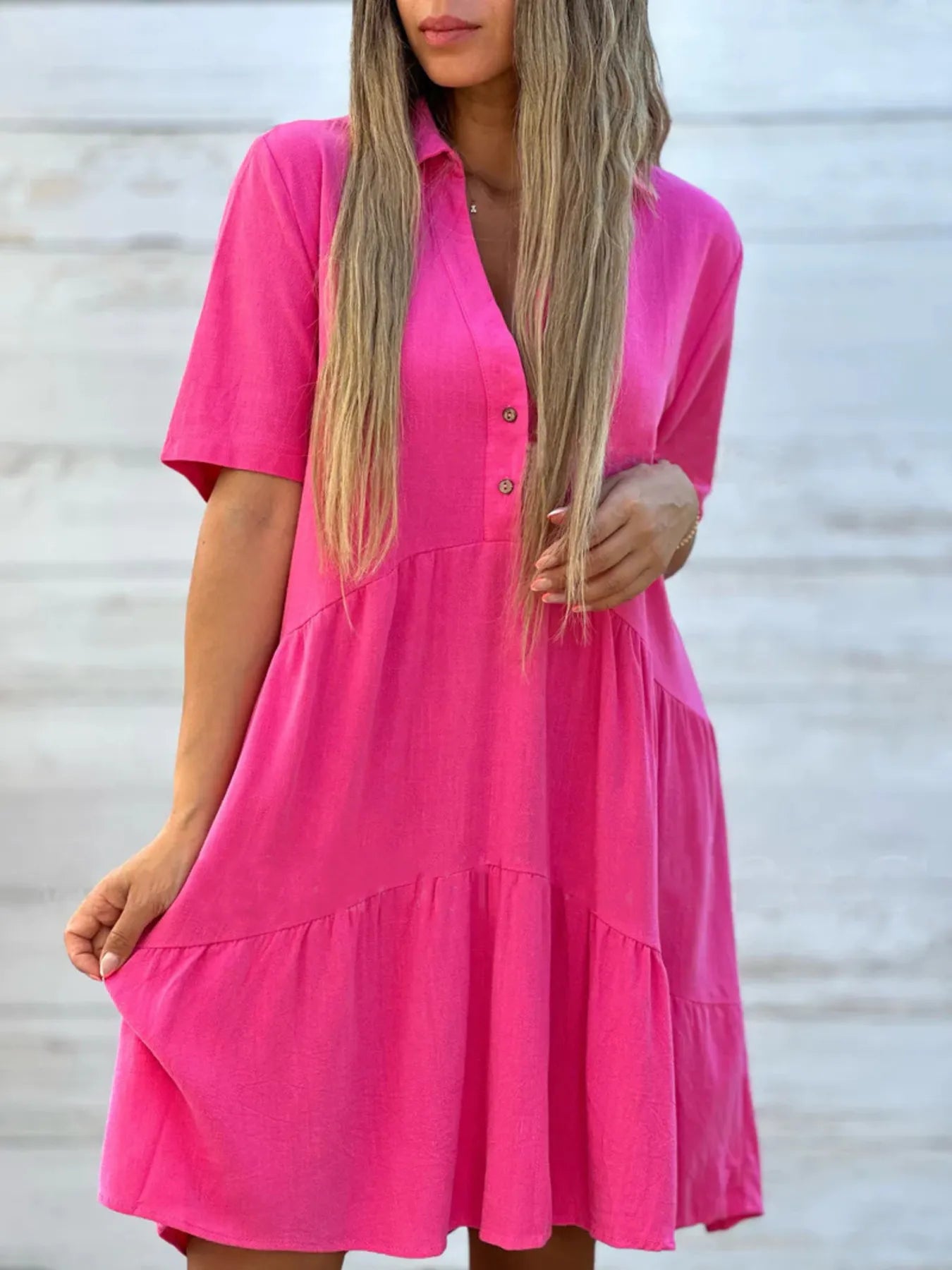 Full Size Tiered Button - Front Short Sleeve Dress Plus Size