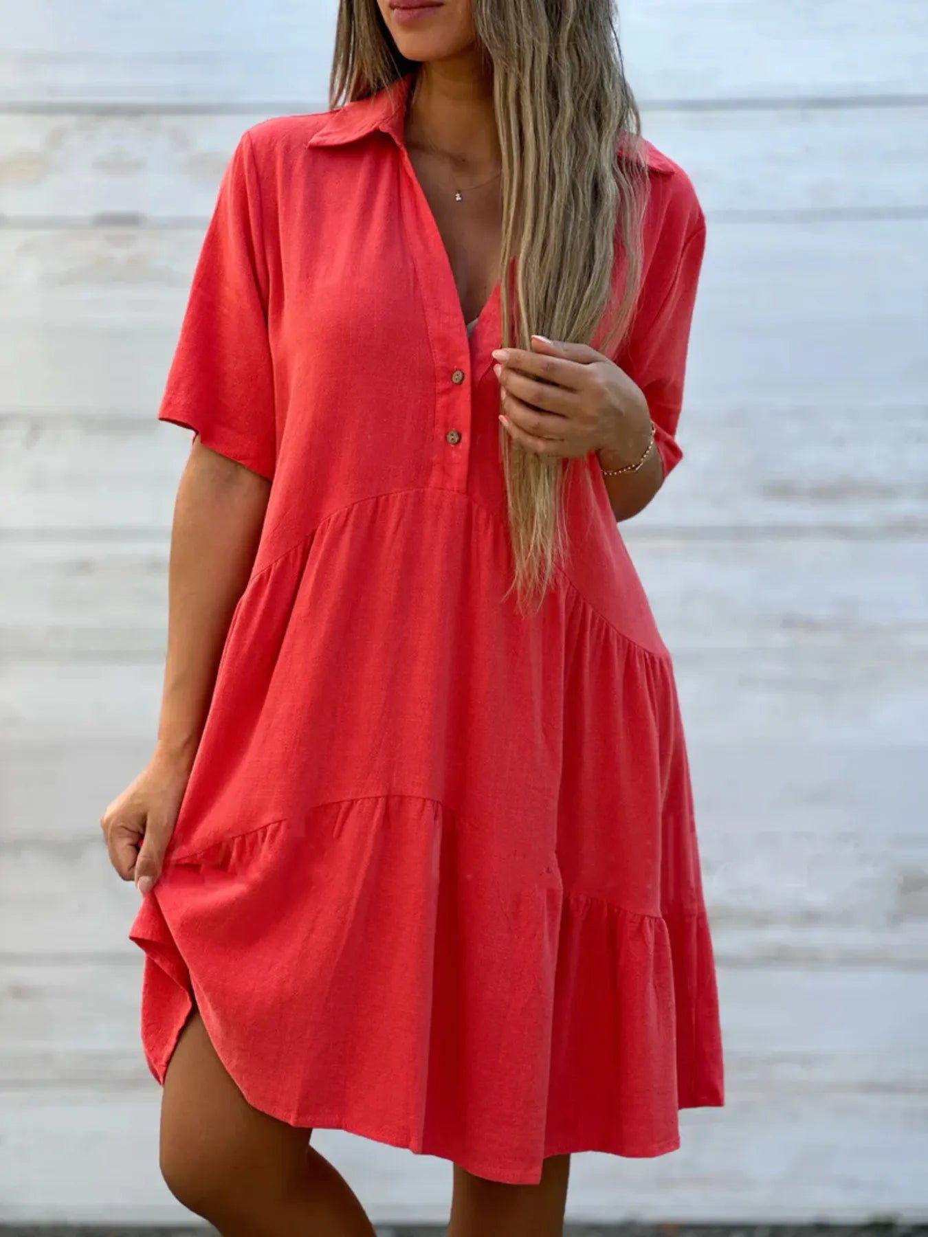 Full Size Tiered Button - Front Short Sleeve Dress Plus Size