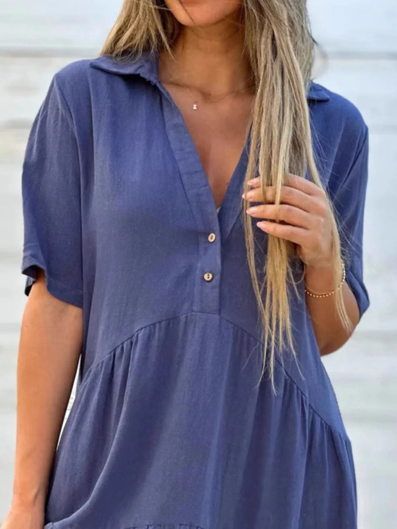 Full Size Tiered Button - Front Short Sleeve Dress Plus Size