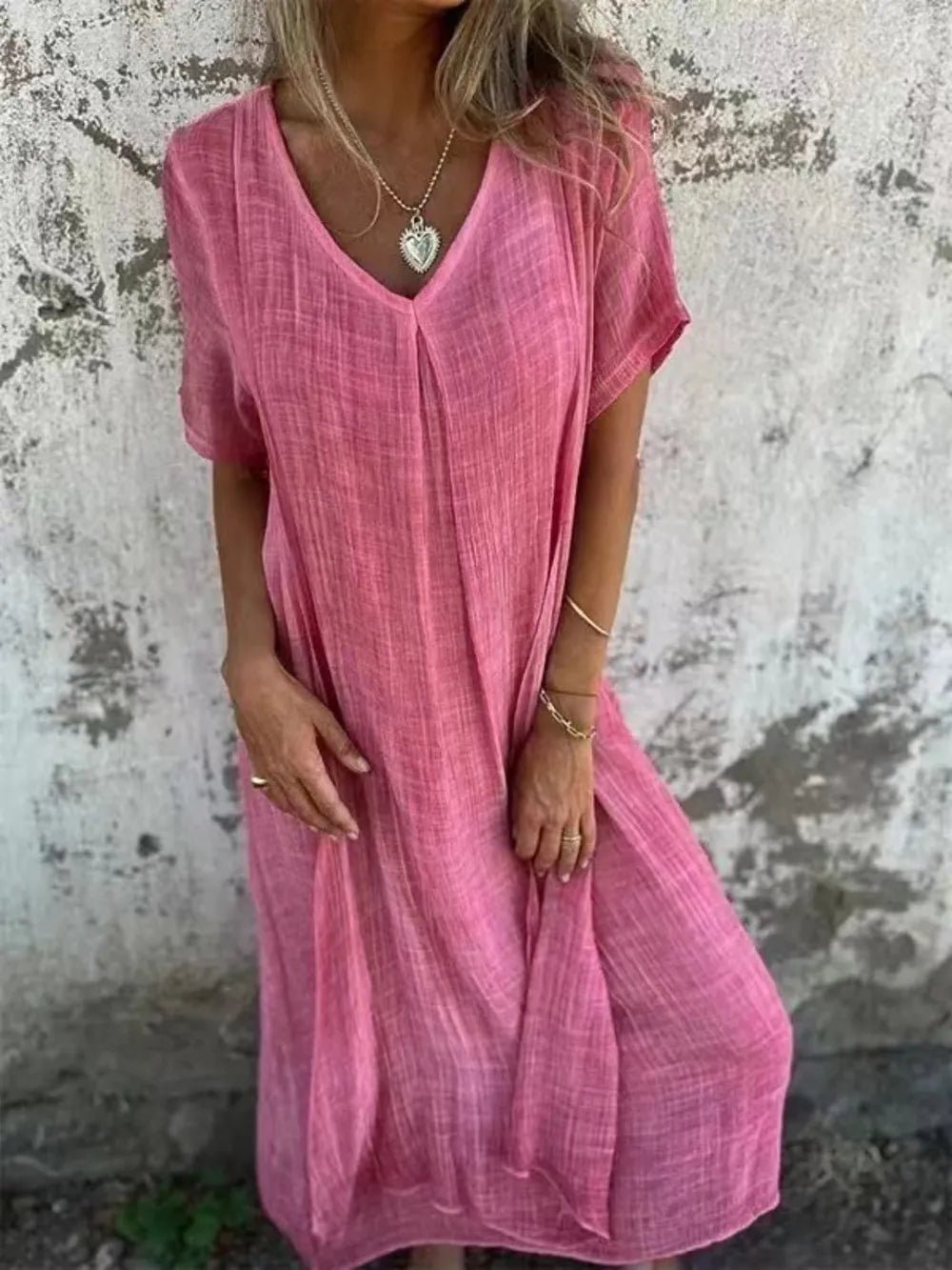 Full Size V - Neck Short Sleeve Midi Dress Plus Size