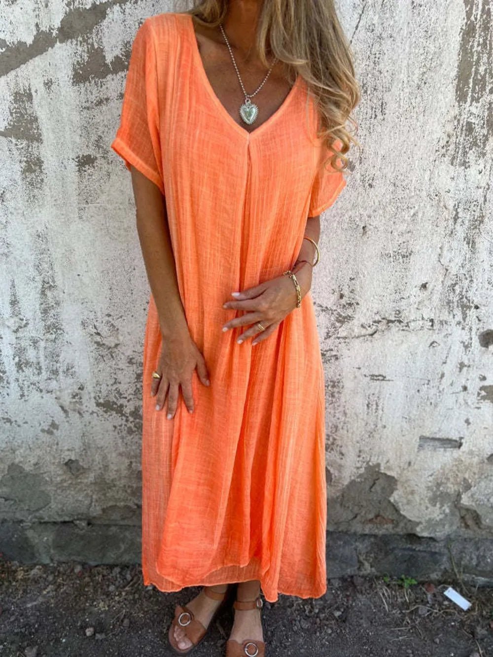 Full Size V - Neck Short Sleeve Midi Dress Plus Size
