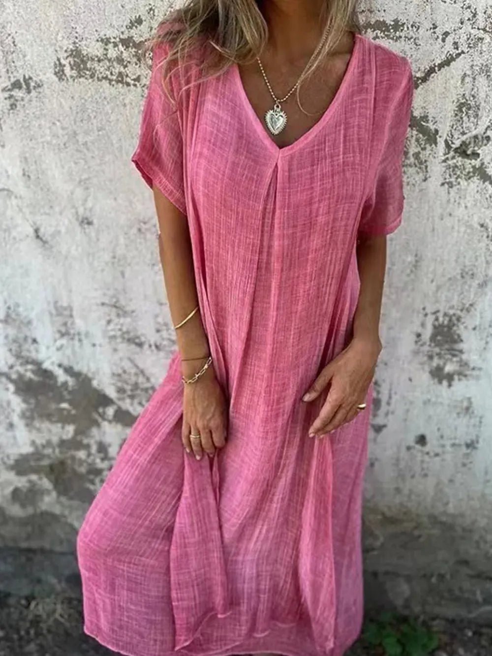 Full Size V - Neck Short Sleeve Midi Dress Plus Size