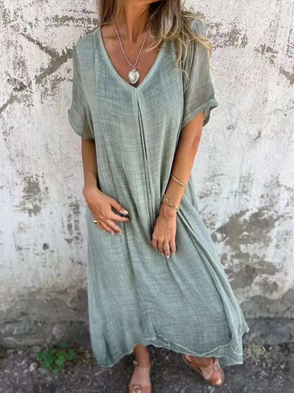 Full Size V - Neck Short Sleeve Midi Dress Plus Size
