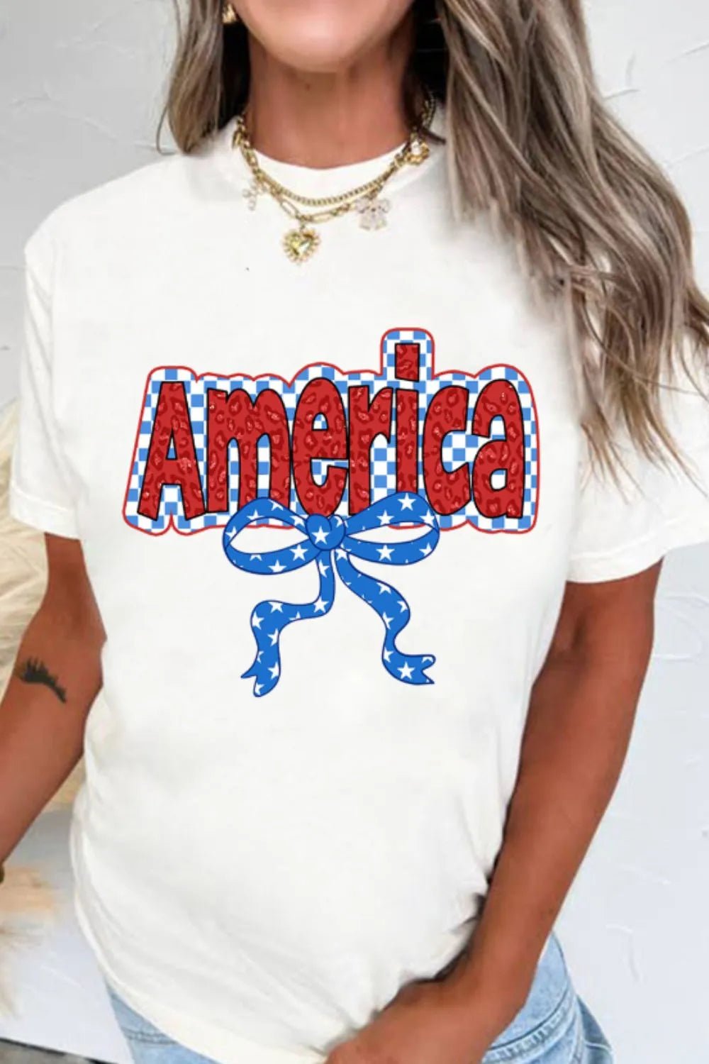Funky America Letter Bow Round Neck T Shirt