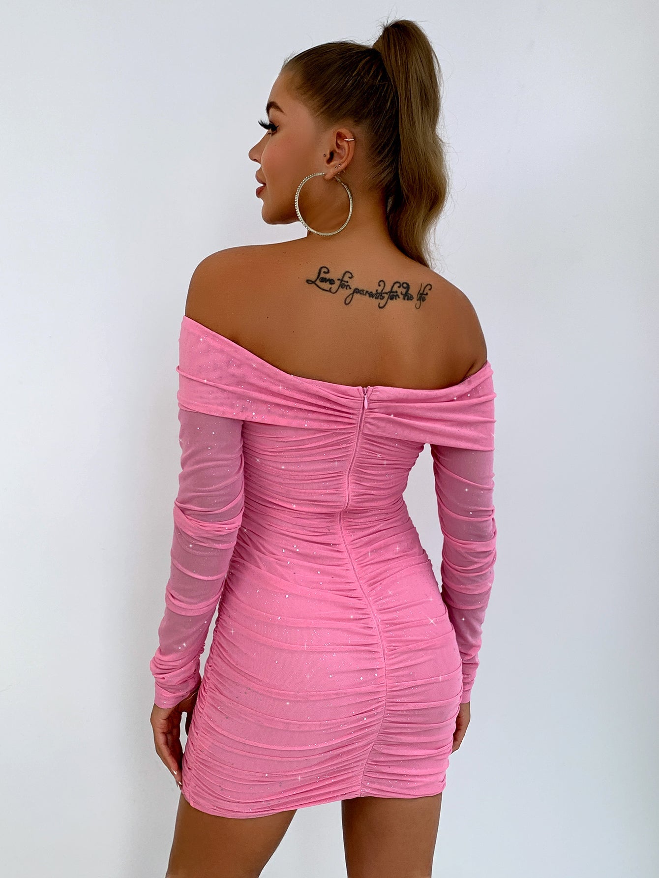 Glitter Ruched Off - Shoulder Long Sleeve Bodycon Dress