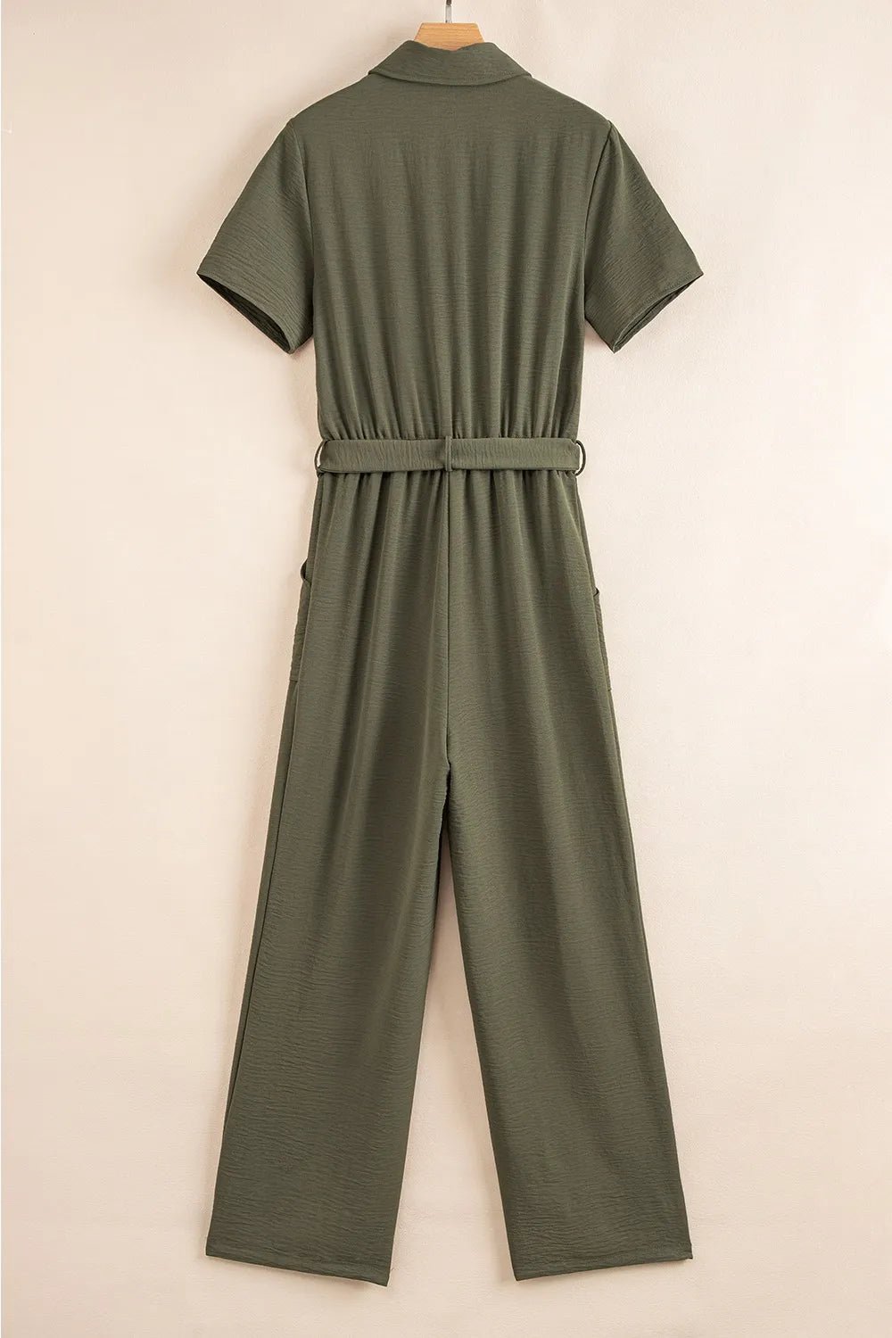 Half Button Belted Utility Short Sleeve Jumpsuit