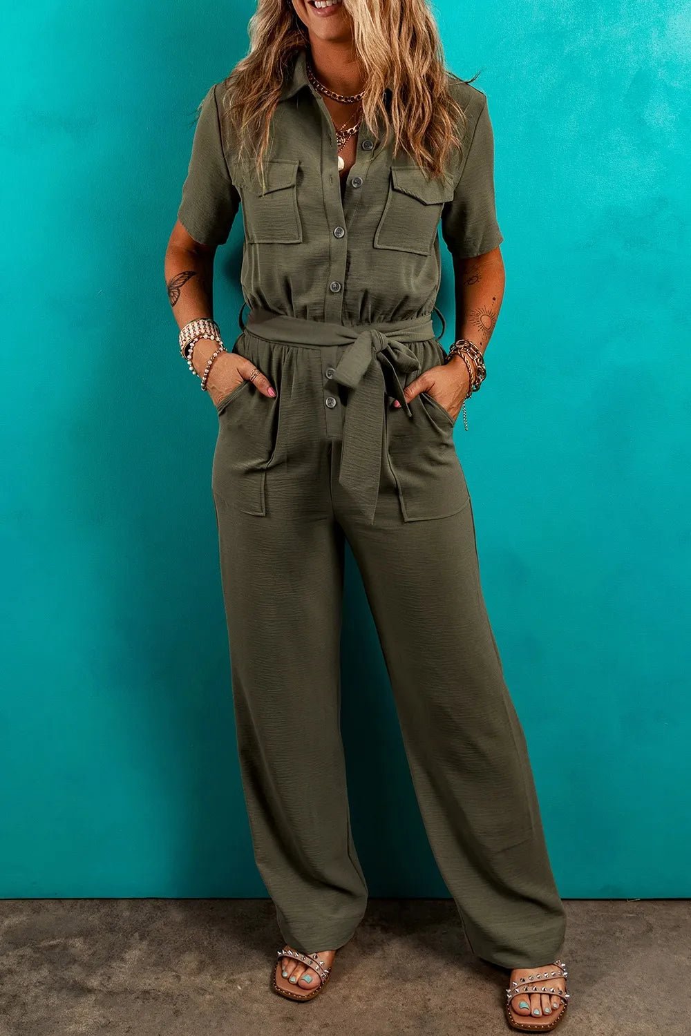 Half Button Belted Utility Short Sleeve Jumpsuit