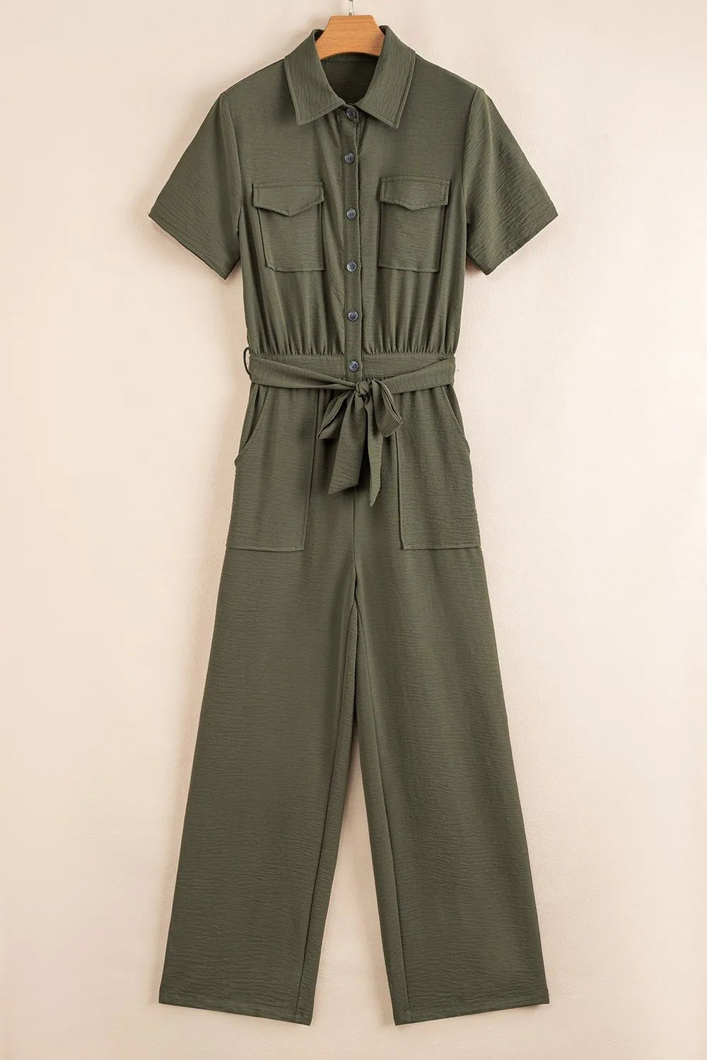 Half Button Belted Utility Short Sleeve Jumpsuit