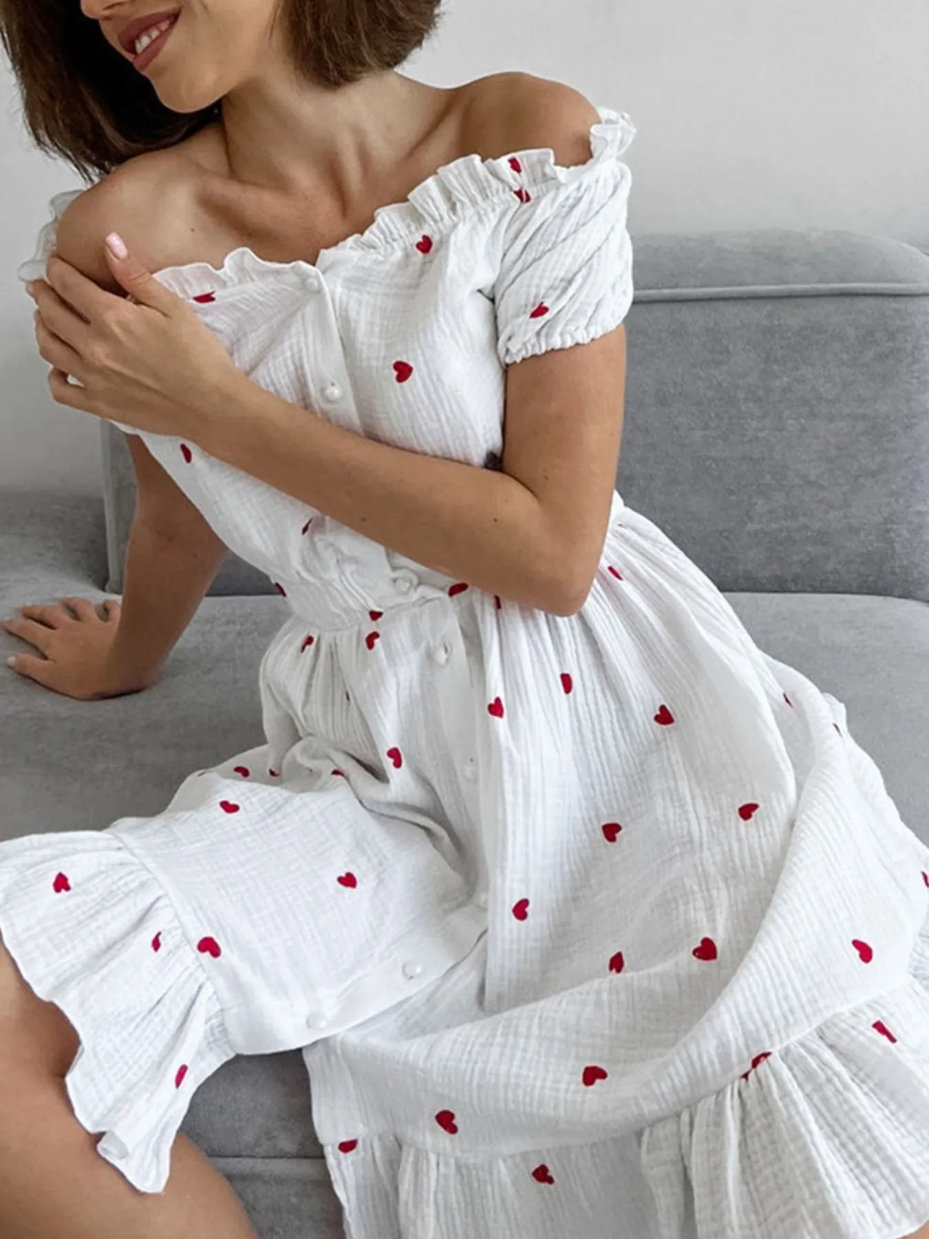 Heart Printed Off - Shoulder Ruffle Mini Dress