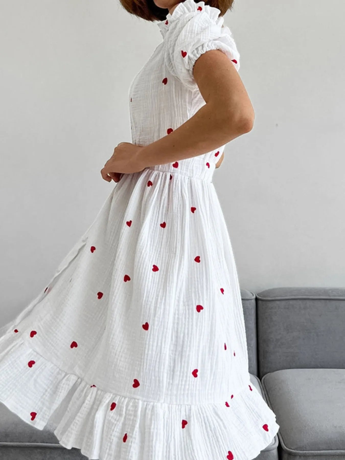 Heart Printed Off - Shoulder Ruffle Mini Dress