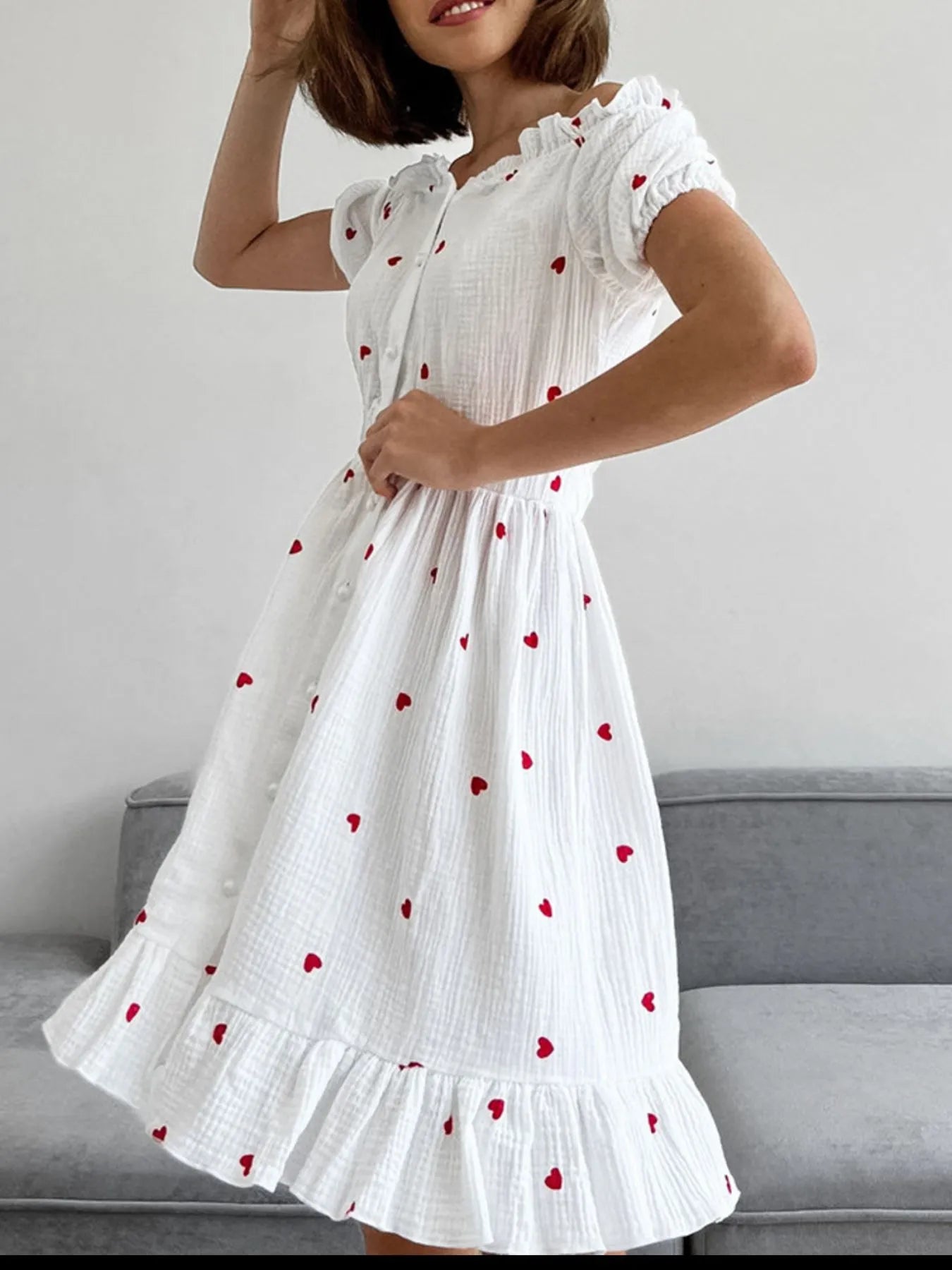 Heart Printed Off - Shoulder Ruffle Mini Dress