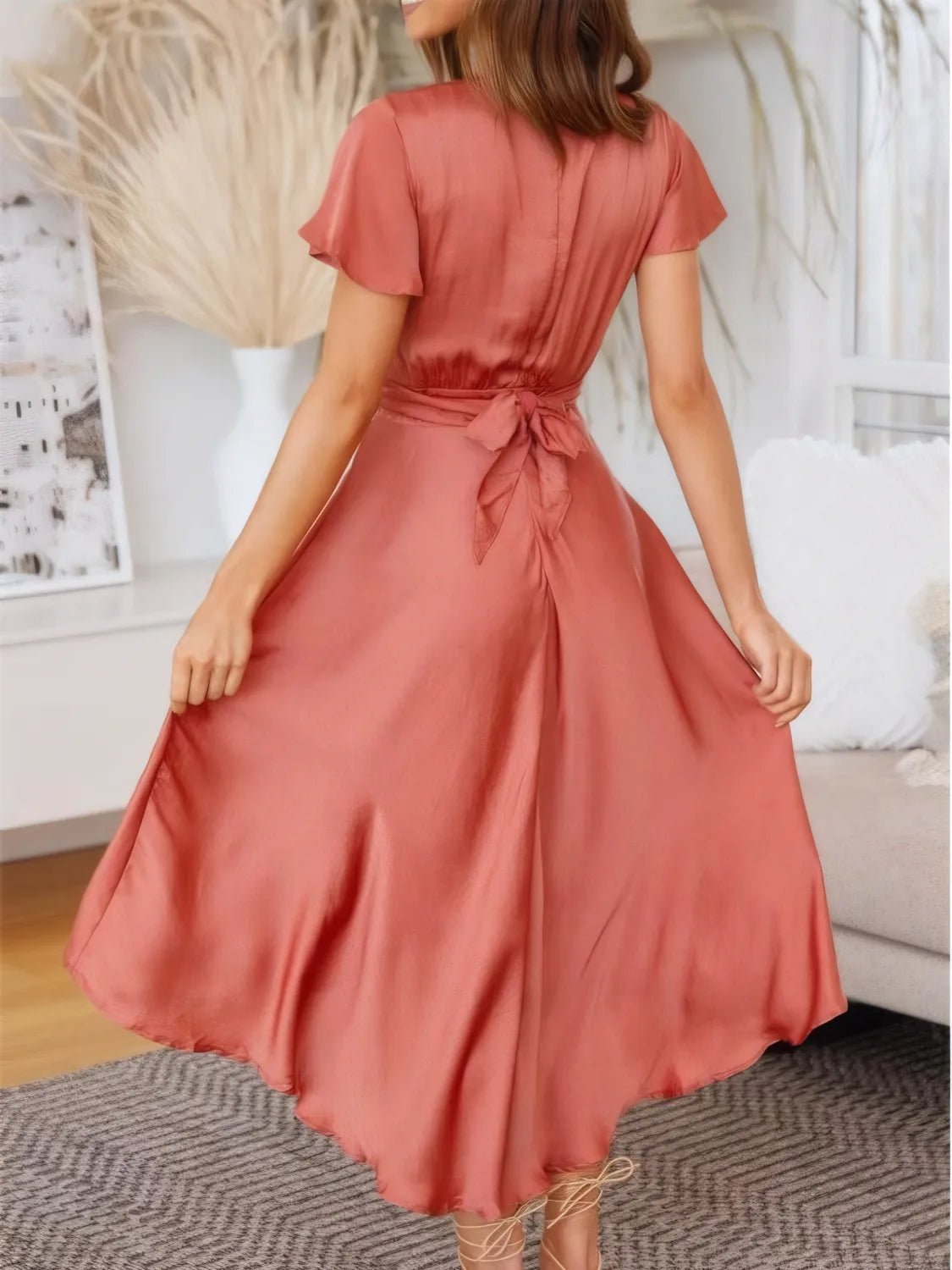 High - Low Plunge Flutter Sleeve Dress