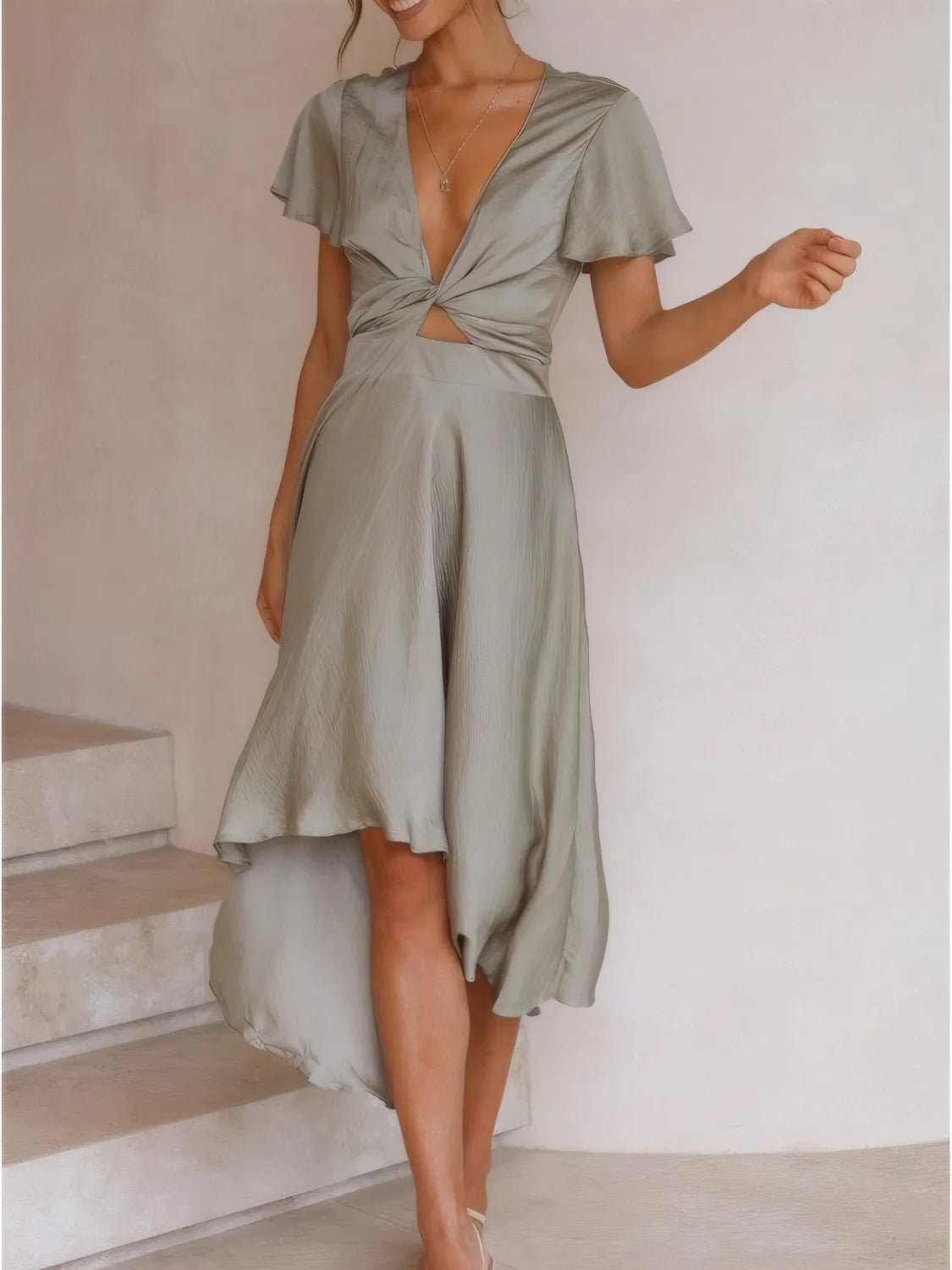 High - Low Plunge Flutter Sleeve Dress