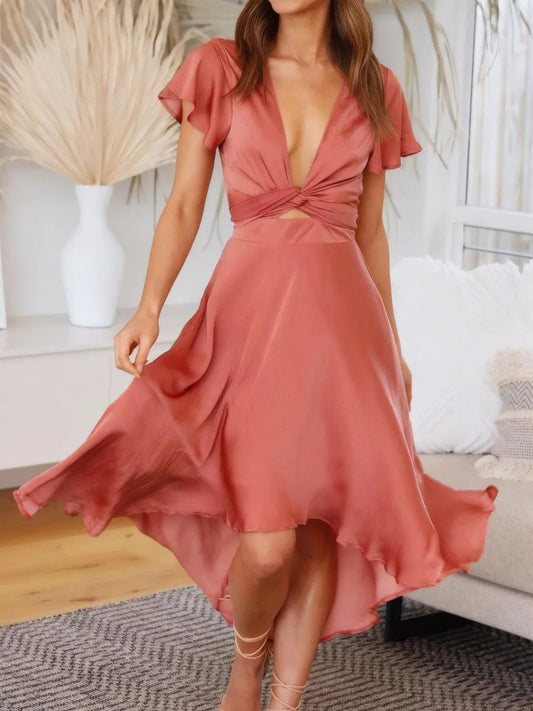 High - Low Plunge Flutter Sleeve Dress