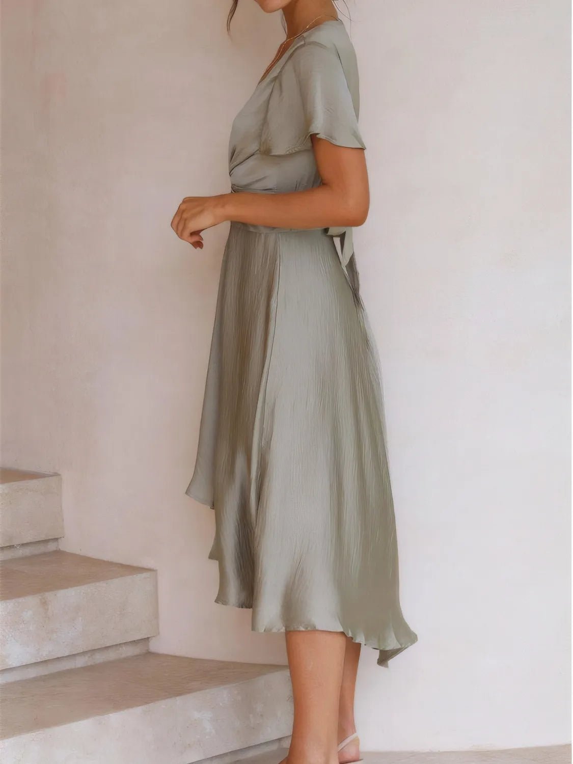 High - Low Plunge Flutter Sleeve Dress