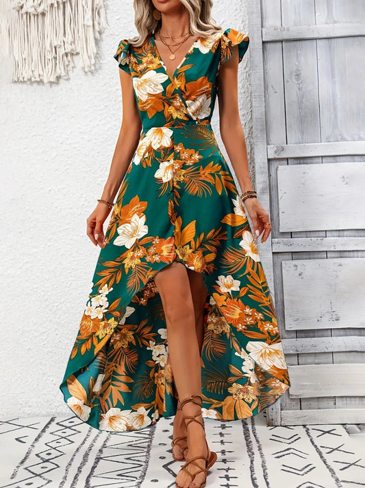 High - Low Printed Cap Sleeve Maxi Dress