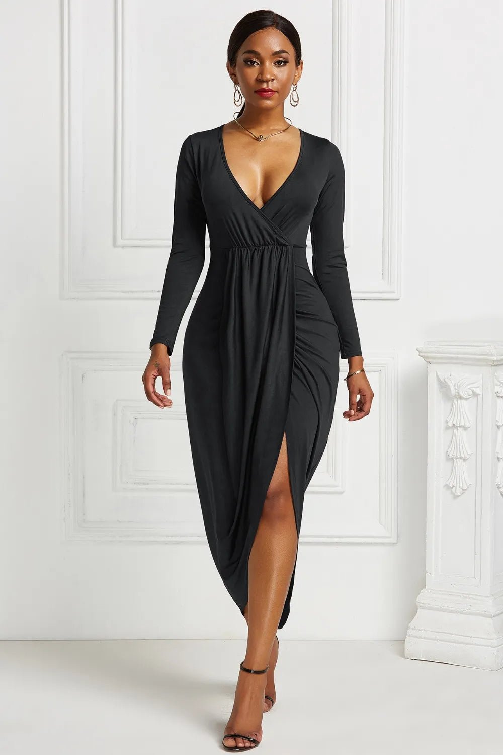 High - low Ruched Surplice Long Sleeve Dress
