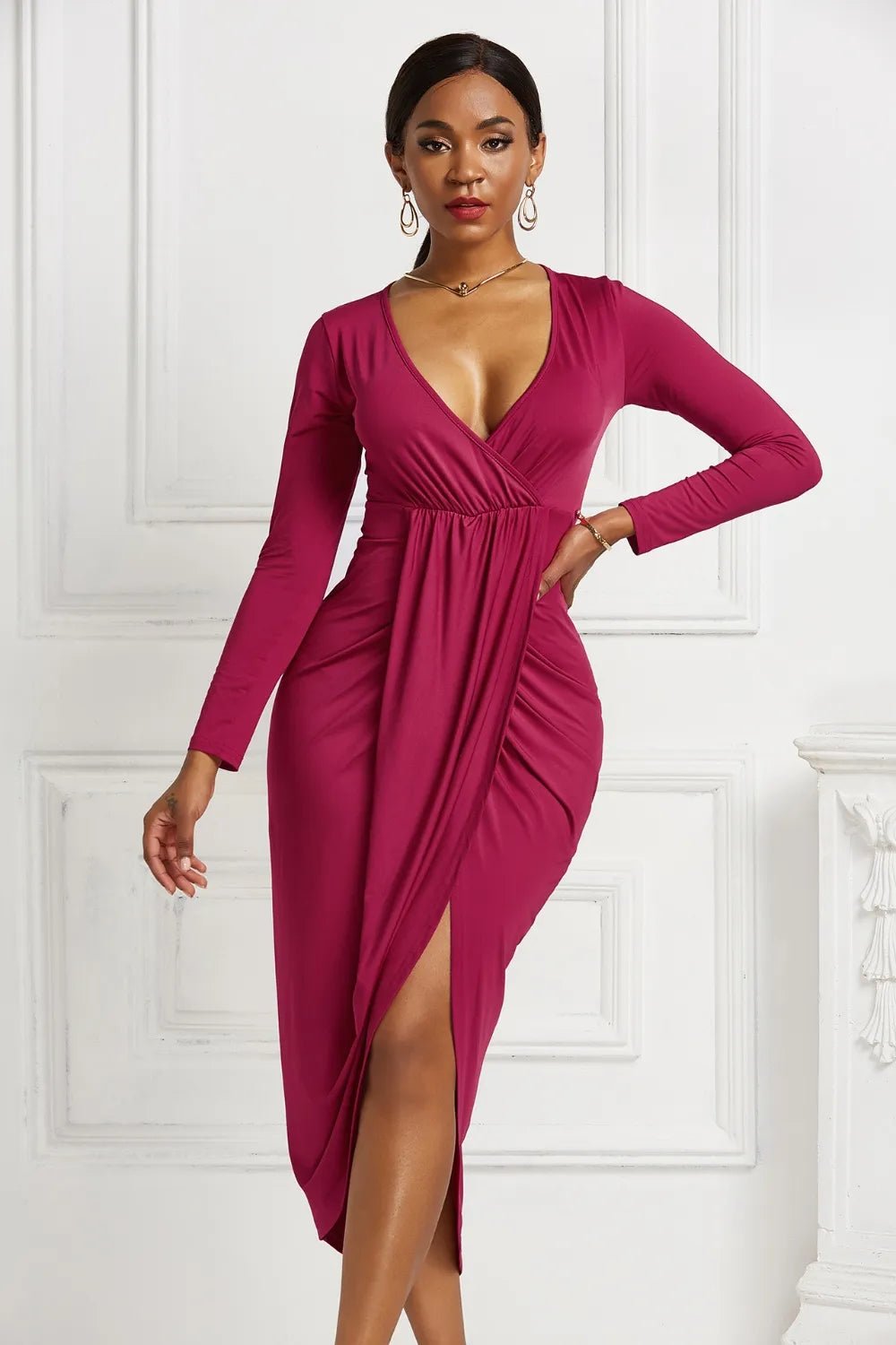 High - low Ruched Surplice Long Sleeve Dress