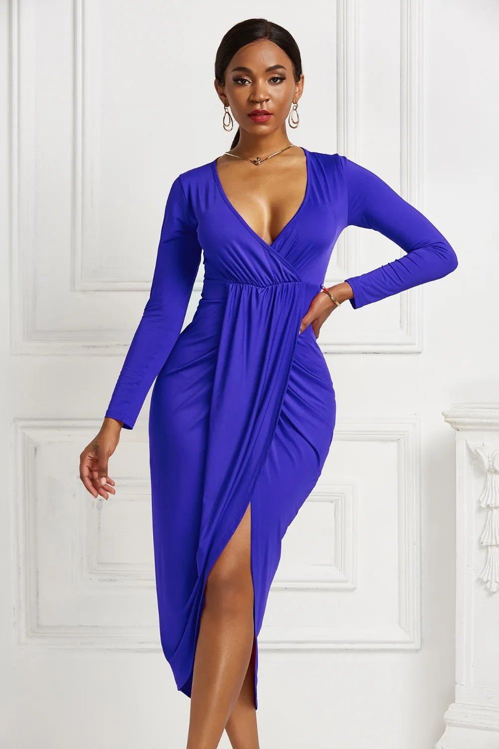 High - low Ruched Surplice Long Sleeve Dress