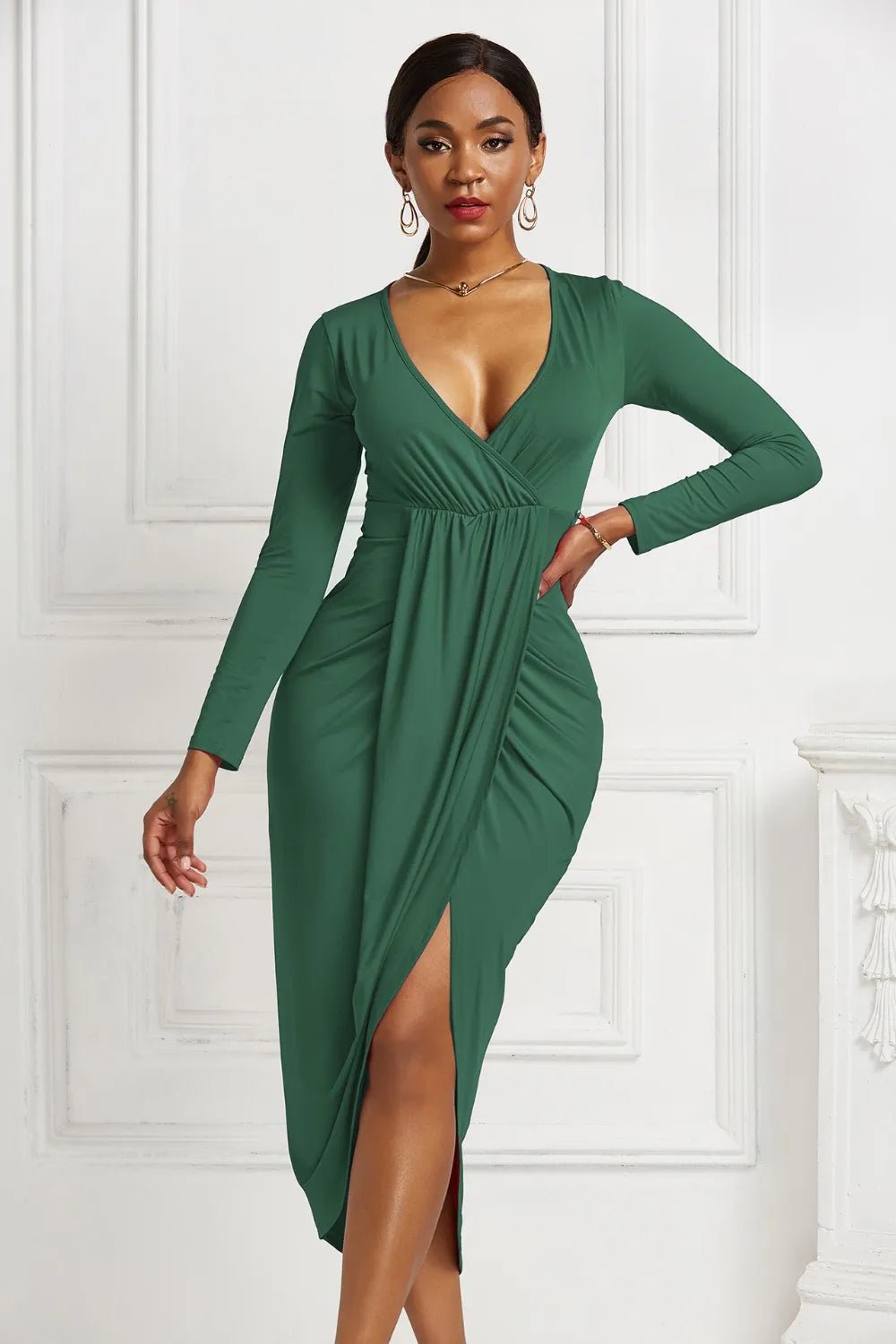 High - low Ruched Surplice Long Sleeve Dress
