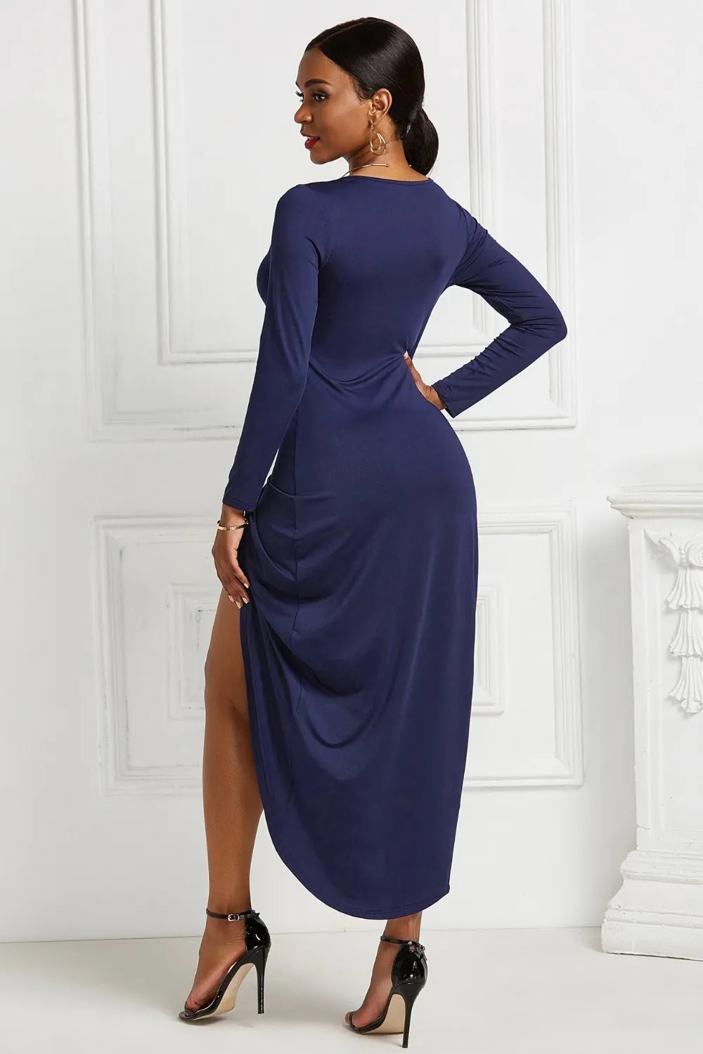 High - low Ruched Surplice Long Sleeve Dress