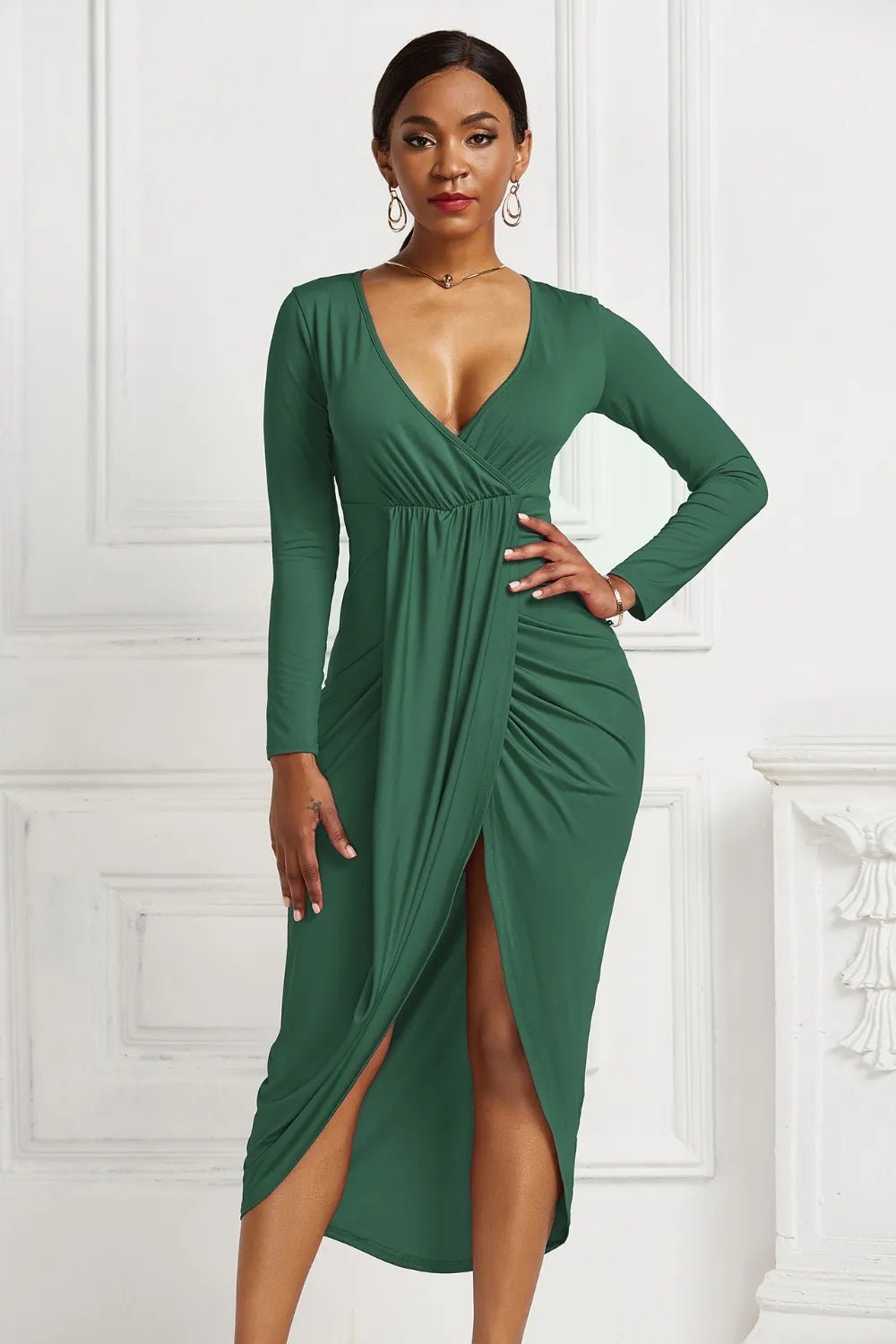 High - low Ruched Surplice Long Sleeve Dress