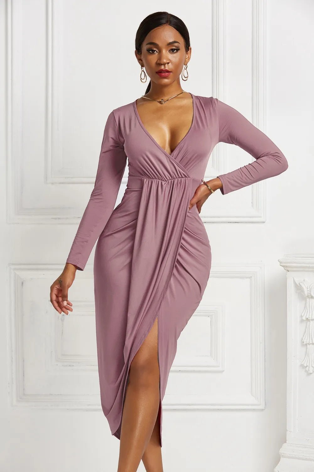 High - low Ruched Surplice Long Sleeve Dress
