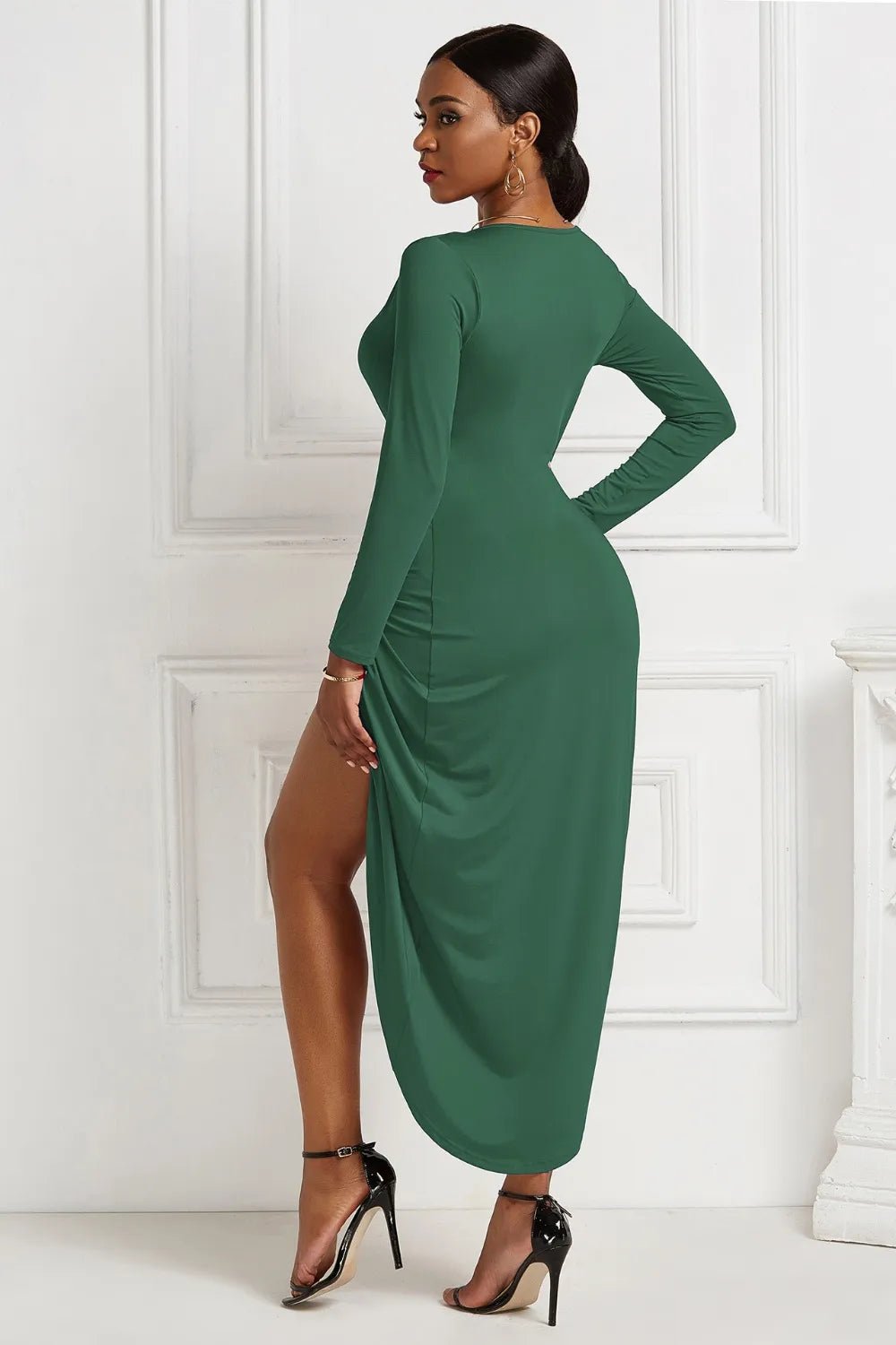High - low Ruched Surplice Long Sleeve Dress