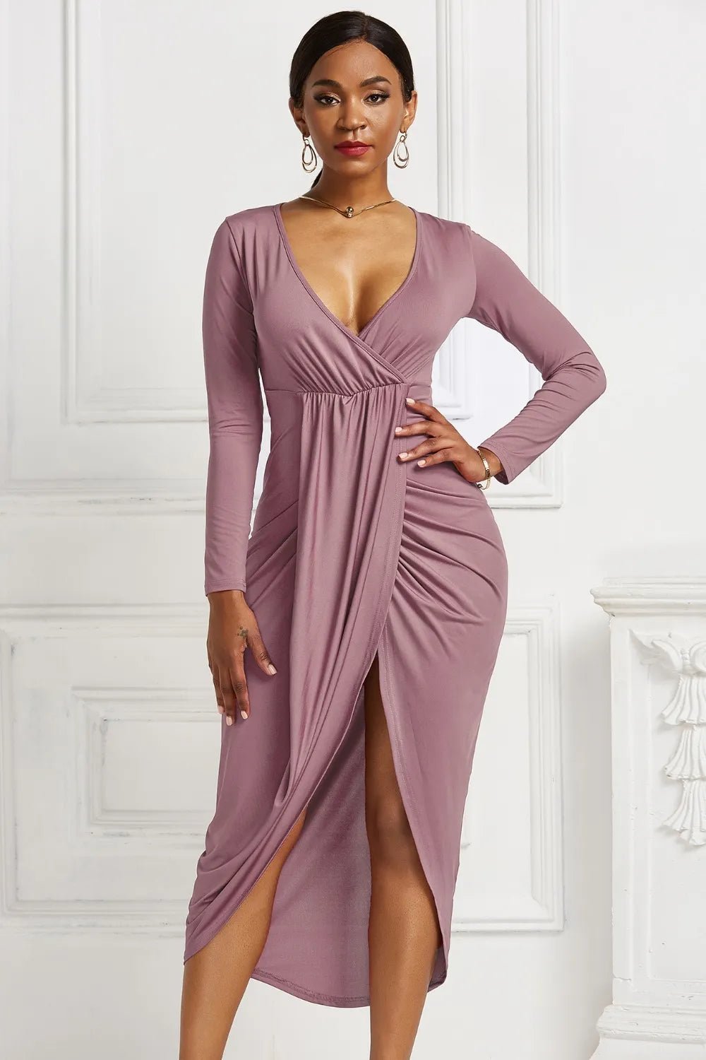 High - low Ruched Surplice Long Sleeve Dress