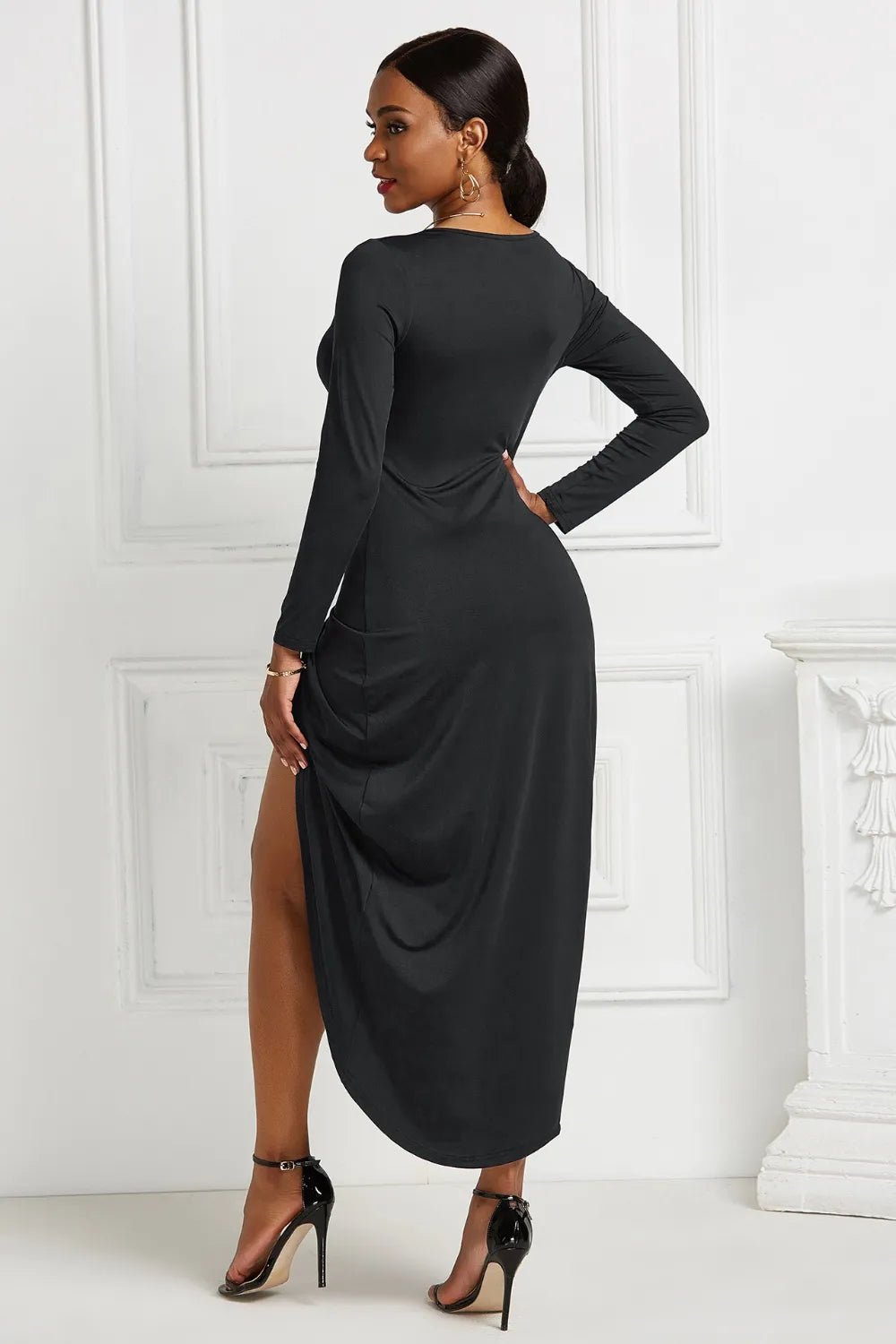 High - low Ruched Surplice Long Sleeve Dress