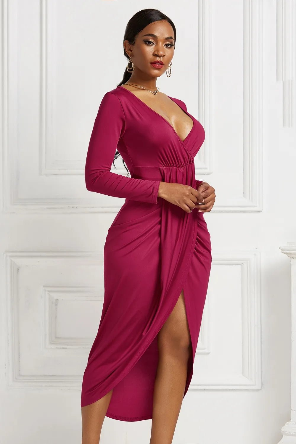 High - low Ruched Surplice Long Sleeve Dress