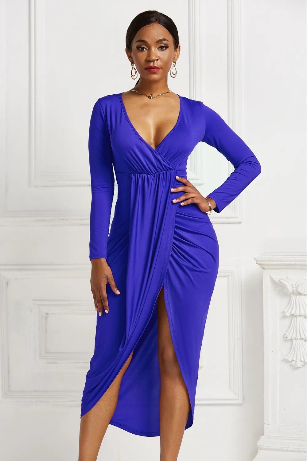 High - low Ruched Surplice Long Sleeve Dress