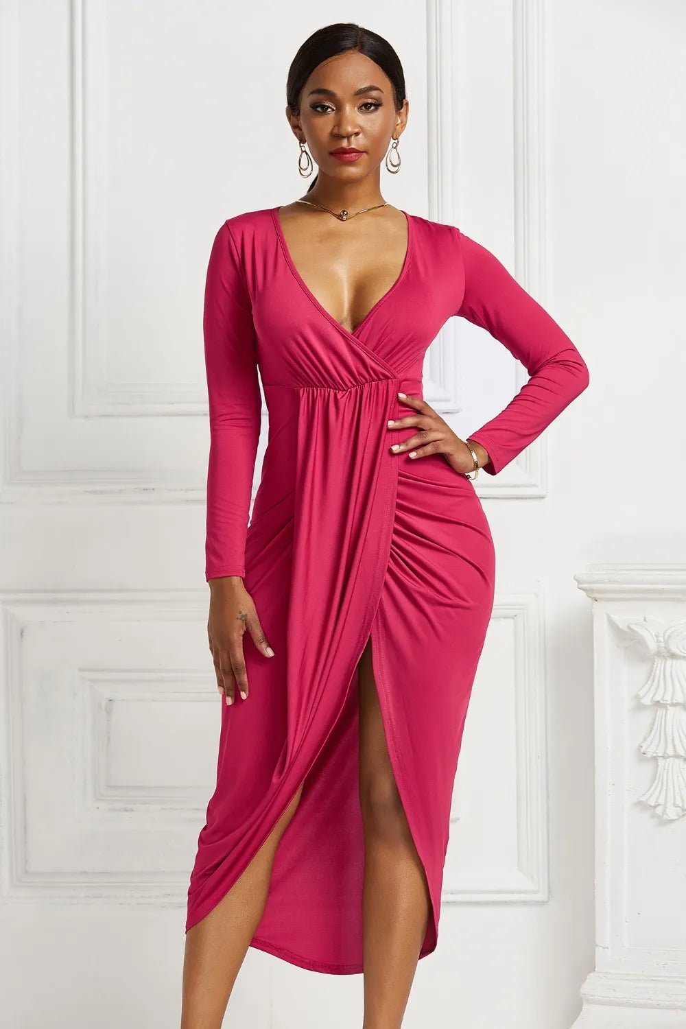 High - low Ruched Surplice Long Sleeve Dress